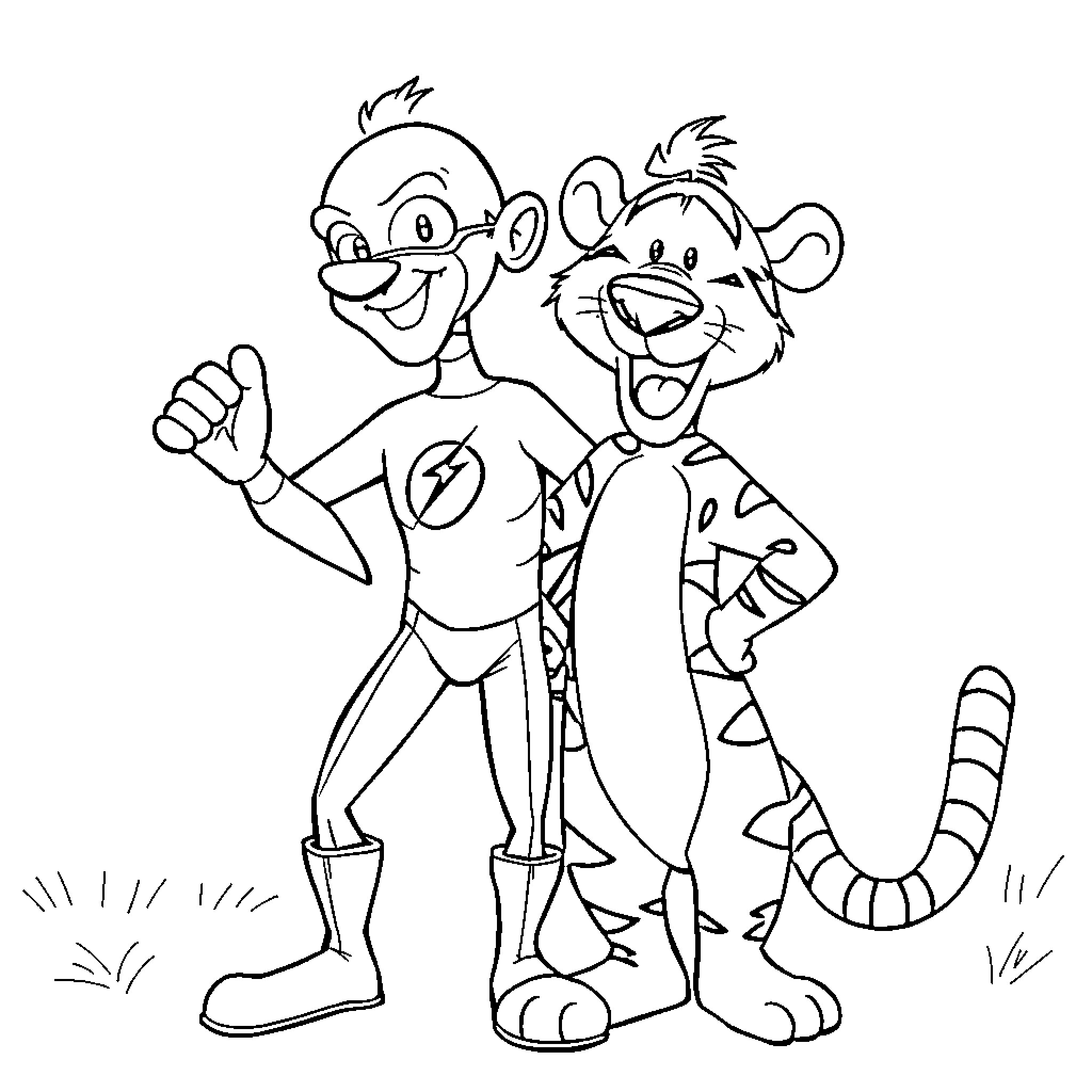 Flash of Fun with Cartoon Friends Coloring Page (free black-and-white line drawing printable PDF for all, from beginners to advanced learners, including children, teens, adults, and seniors)