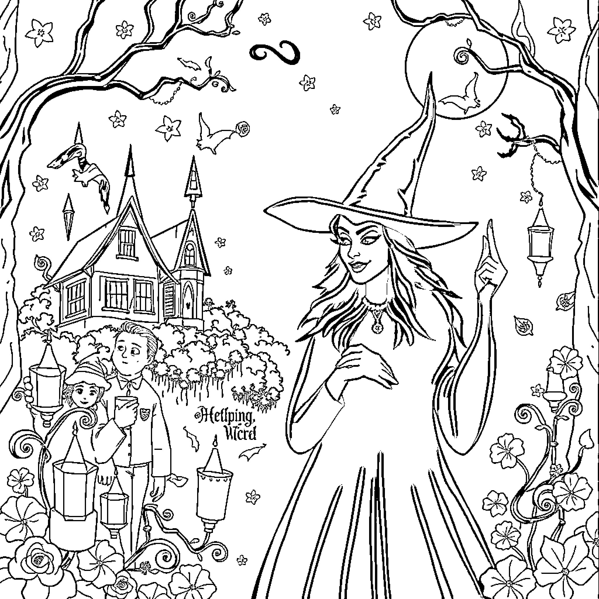 Wicked Witch and Enchanting Woodland Scene Coloring Page (free black-and-white line drawing printable PDF for all, from beginners to advanced learners, including children, teens, adults, and seniors)
