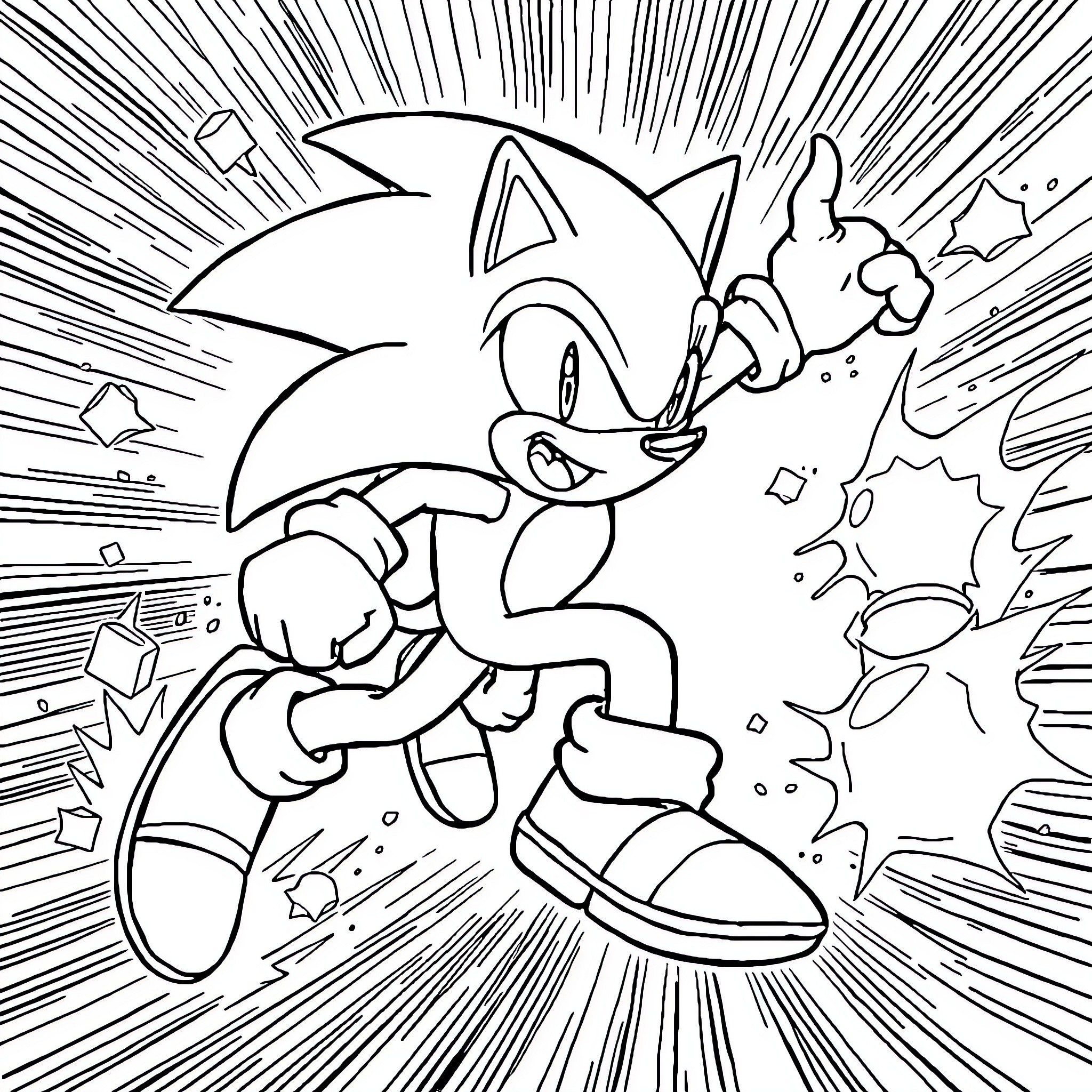 Sonic dashing through the dynamic scene Coloring Page (free black-and-white line drawing printable PDF for all, from beginners to advanced learners, including children, teens, adults, and seniors)