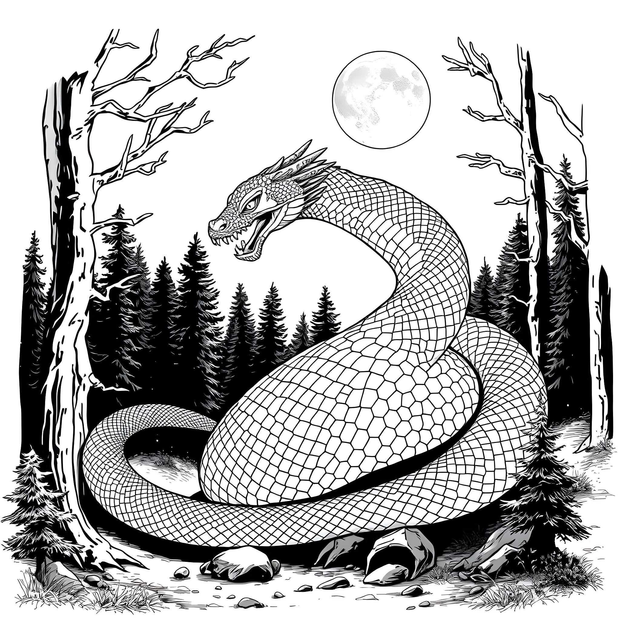 Uktena, the Mythical Serpent in the Moonlit Forest Coloring Page (free black-and-white line drawing printable PDF for all, from beginners to advanced learners, including children, teens, adults, and seniors)