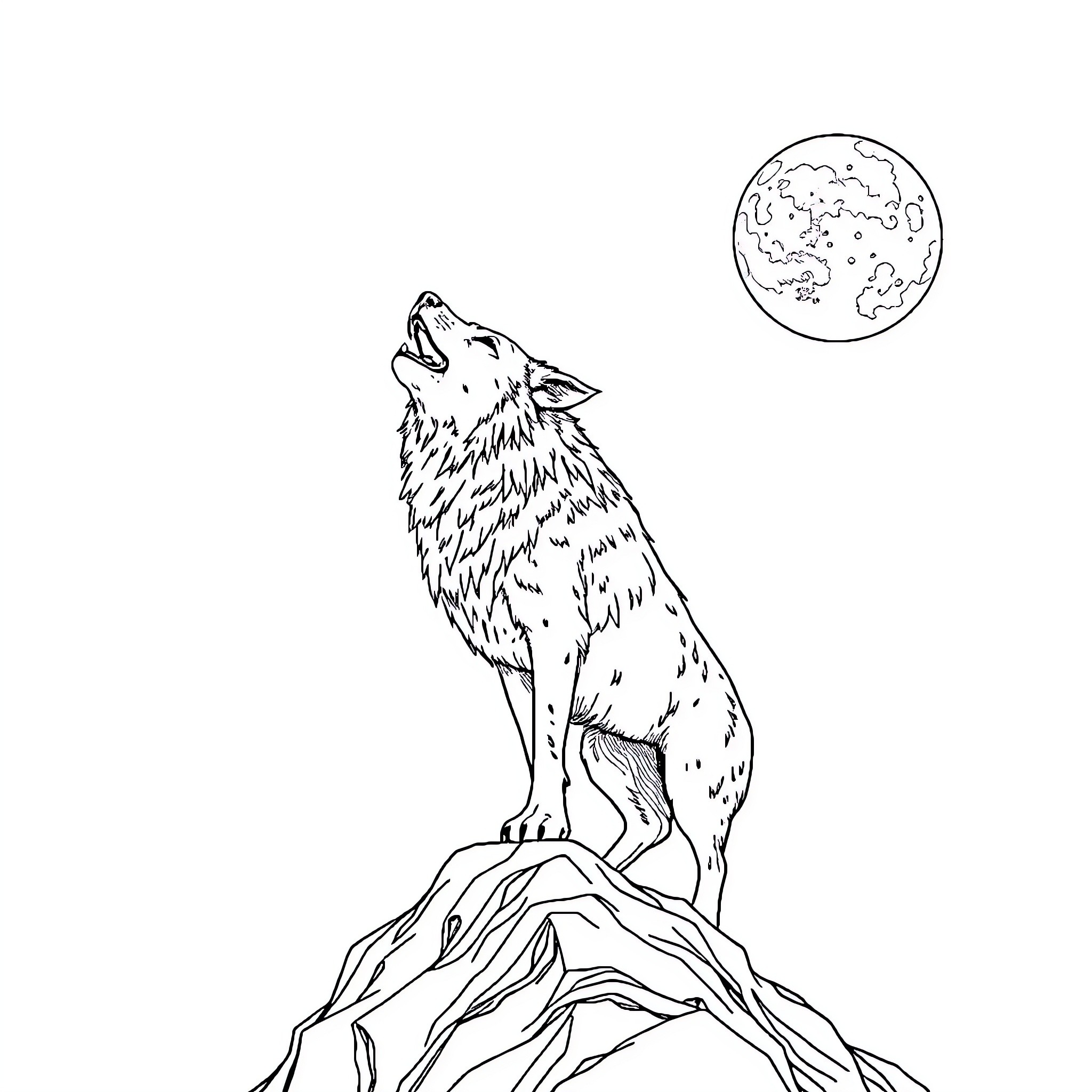 Wolf howling at the moon on a rocky cliff Coloring Page (free black-and-white line drawing printable PDF for all, from beginners to advanced learners, including children, teens, adults, and seniors)