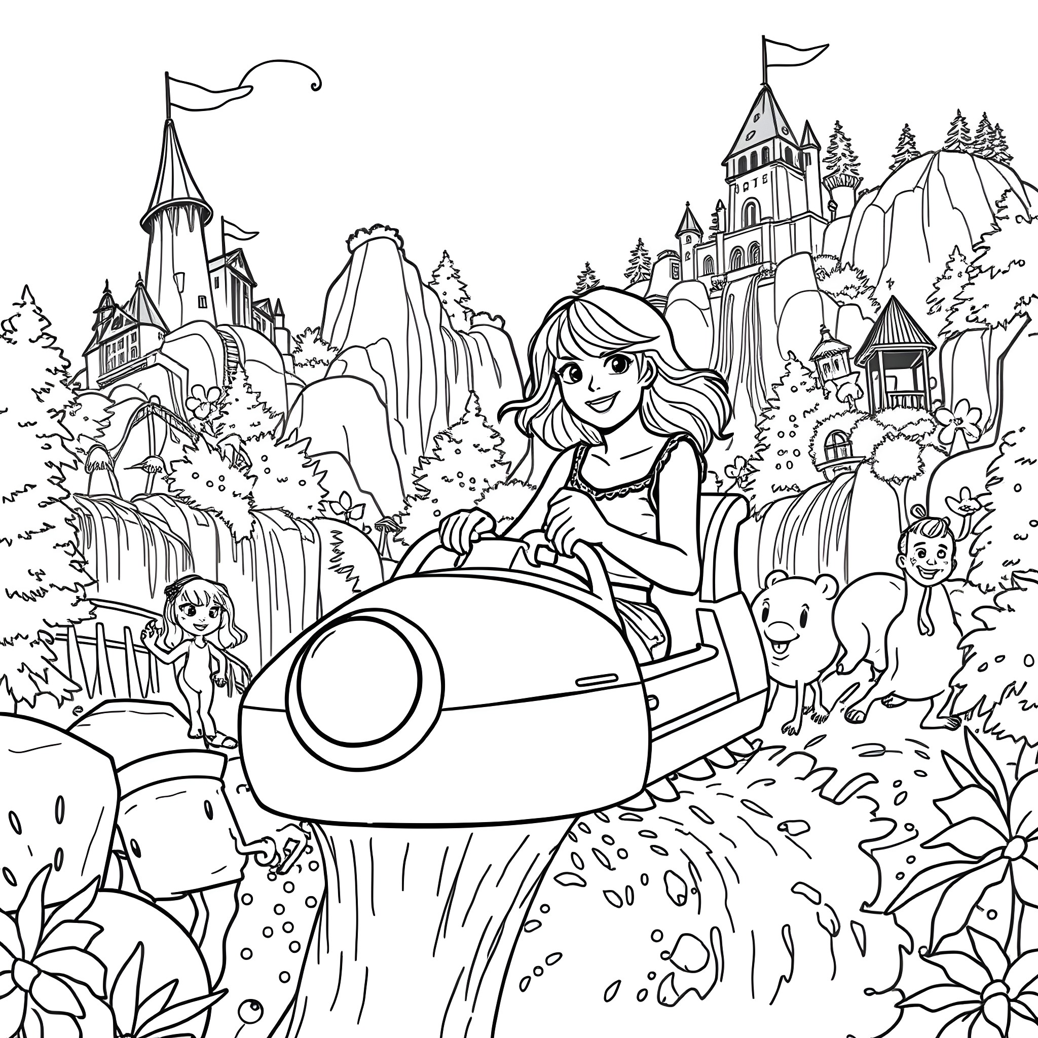 Taylor Swift's Whimsical Adventure in a Fantasy Wonderland Coloring Page (free black-and-white line drawing printable PDF for all, from beginners to advanced learners, including children, teens, adults, and seniors)