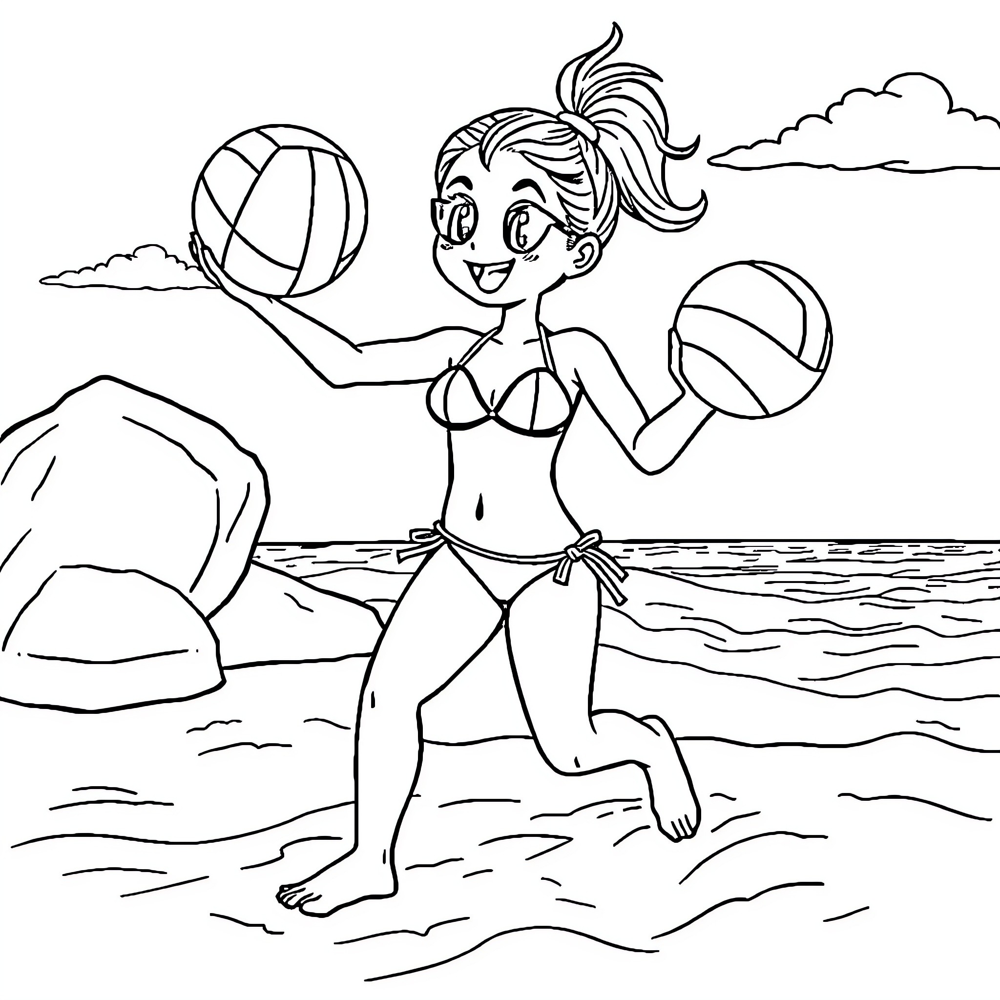 Anime Girl Playing with Beach Balls on the Shore Coloring Page (free black-and-white line drawing printable PDF for all, from beginners to advanced learners, including children, teens, adults, and seniors)