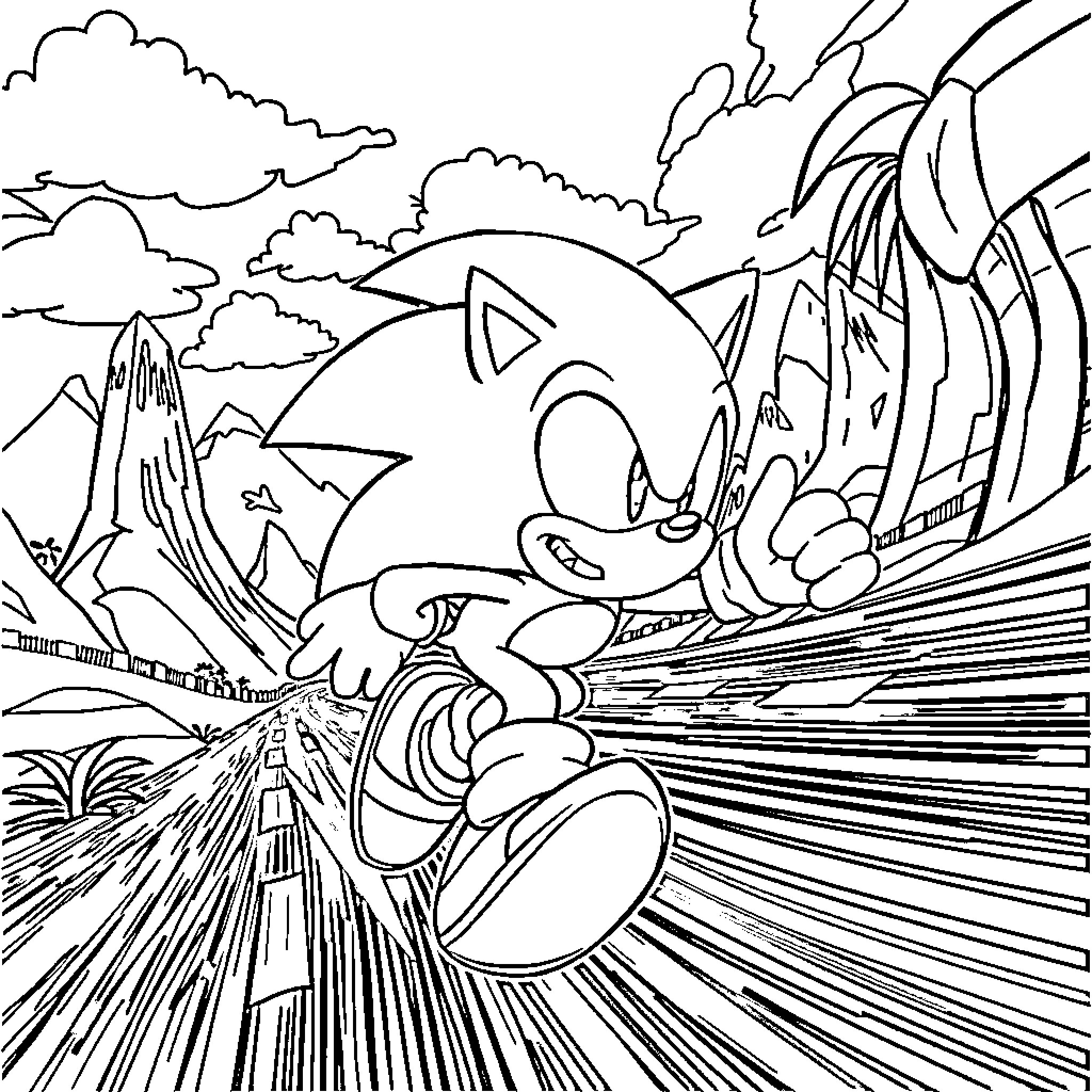 Sonic dashing through an energetic landscape Coloring Page (free black-and-white line drawing printable PDF for all, from beginners to advanced learners, including children, teens, adults, and seniors)