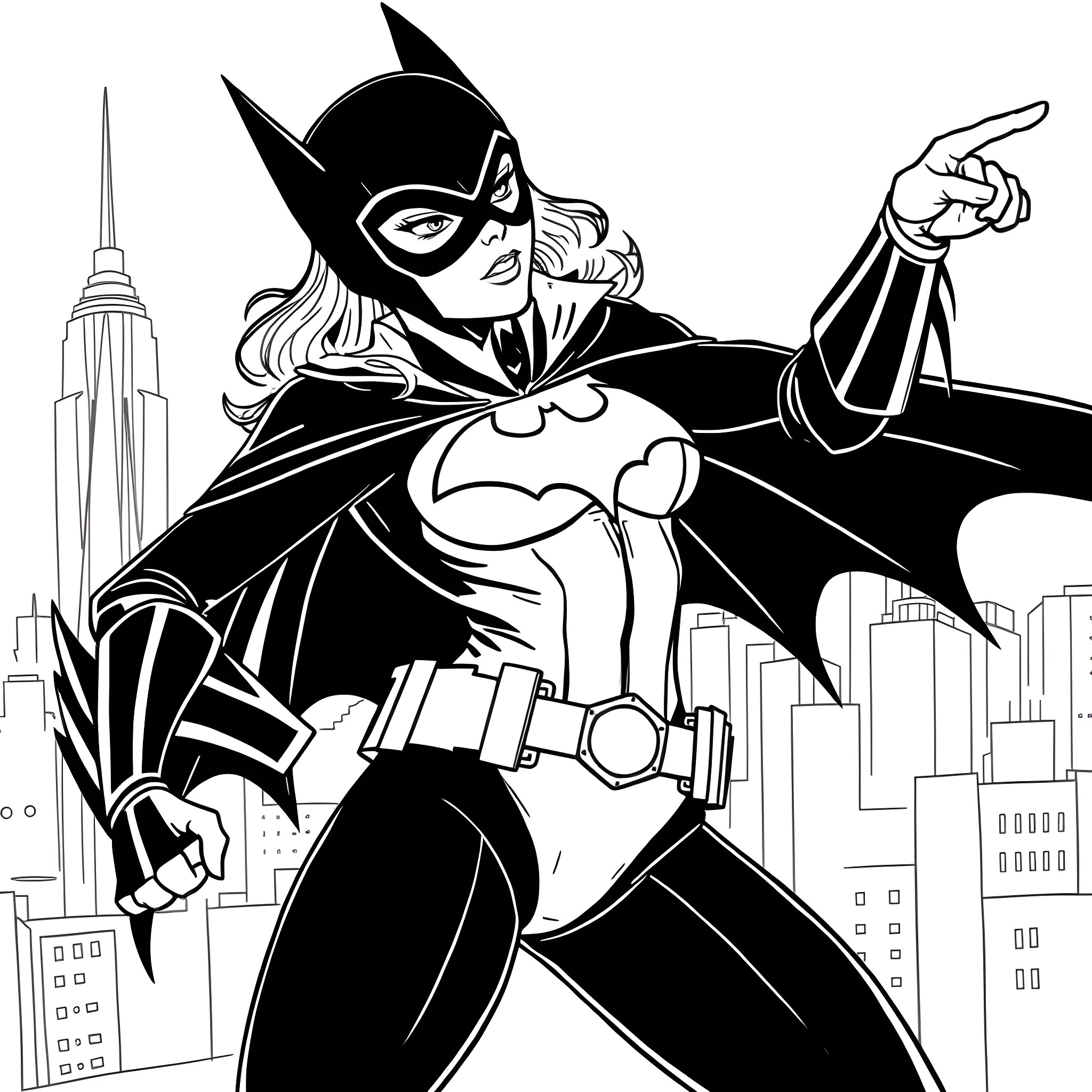 Batgirl Heroically Protecting the City Coloring Page (free black-and-white line drawing printable PDF for all, from beginners to advanced learners, including children, teens, adults, and seniors)