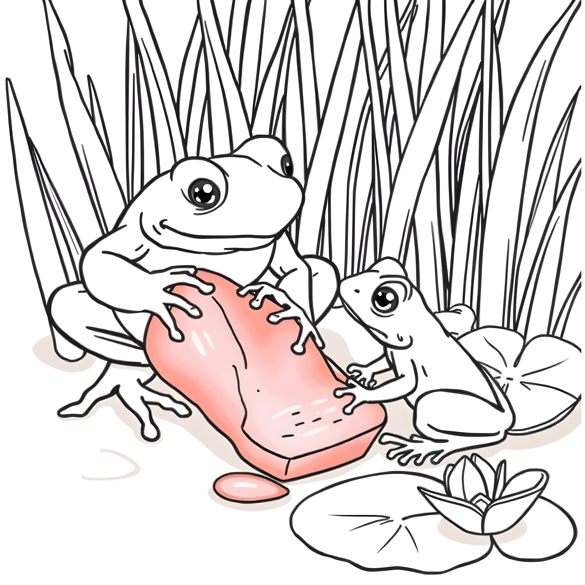 Frog friends playing together in the pond Coloring Page (free black-and-white line drawing printable PDF for all, from beginners to advanced learners, including children, teens, adults, and seniors)