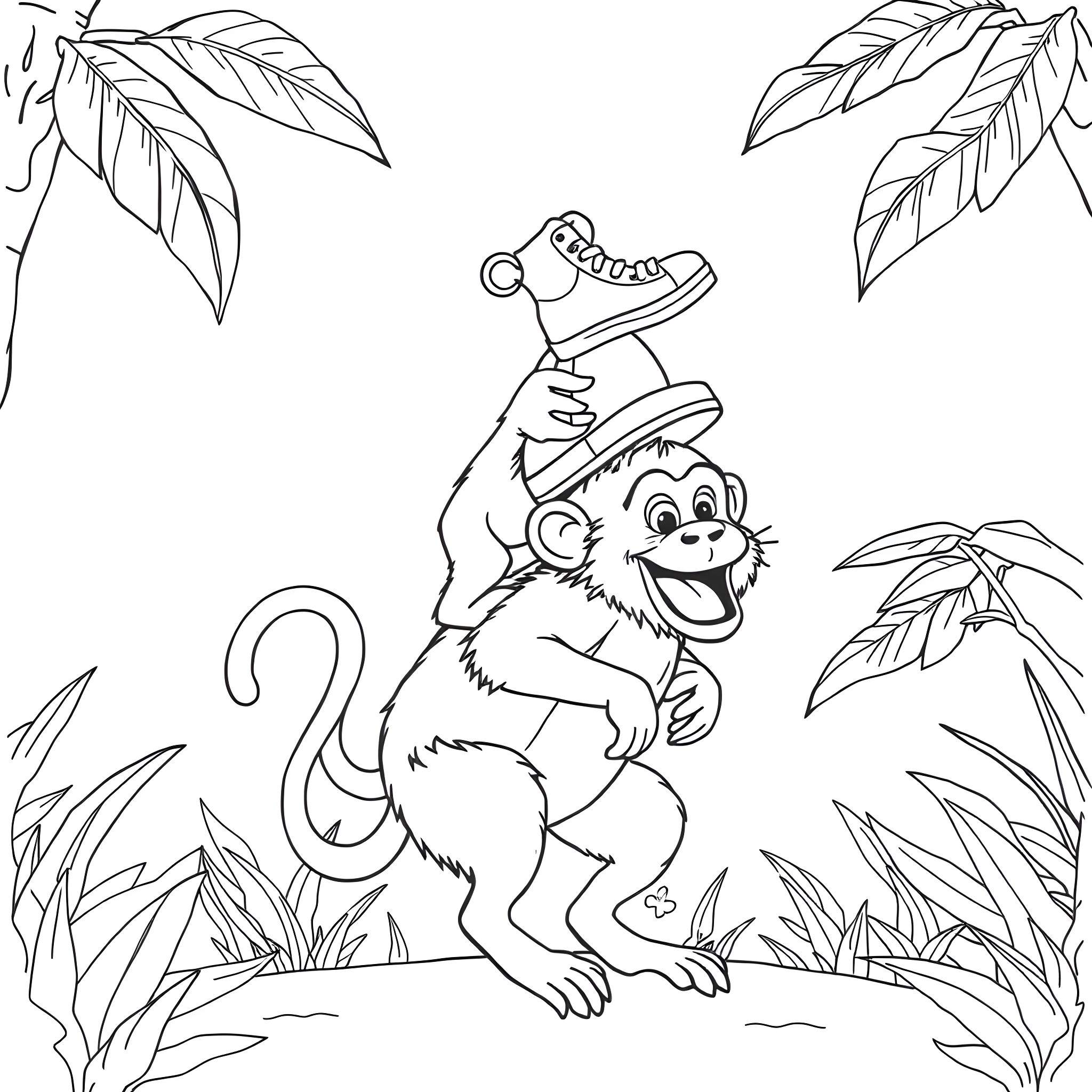 Hund Monkey playing with magnifying glass in jungle Coloring Page (free black-and-white line drawing printable PDF for all, from beginners to advanced learners, including children, teens, adults, and seniors)