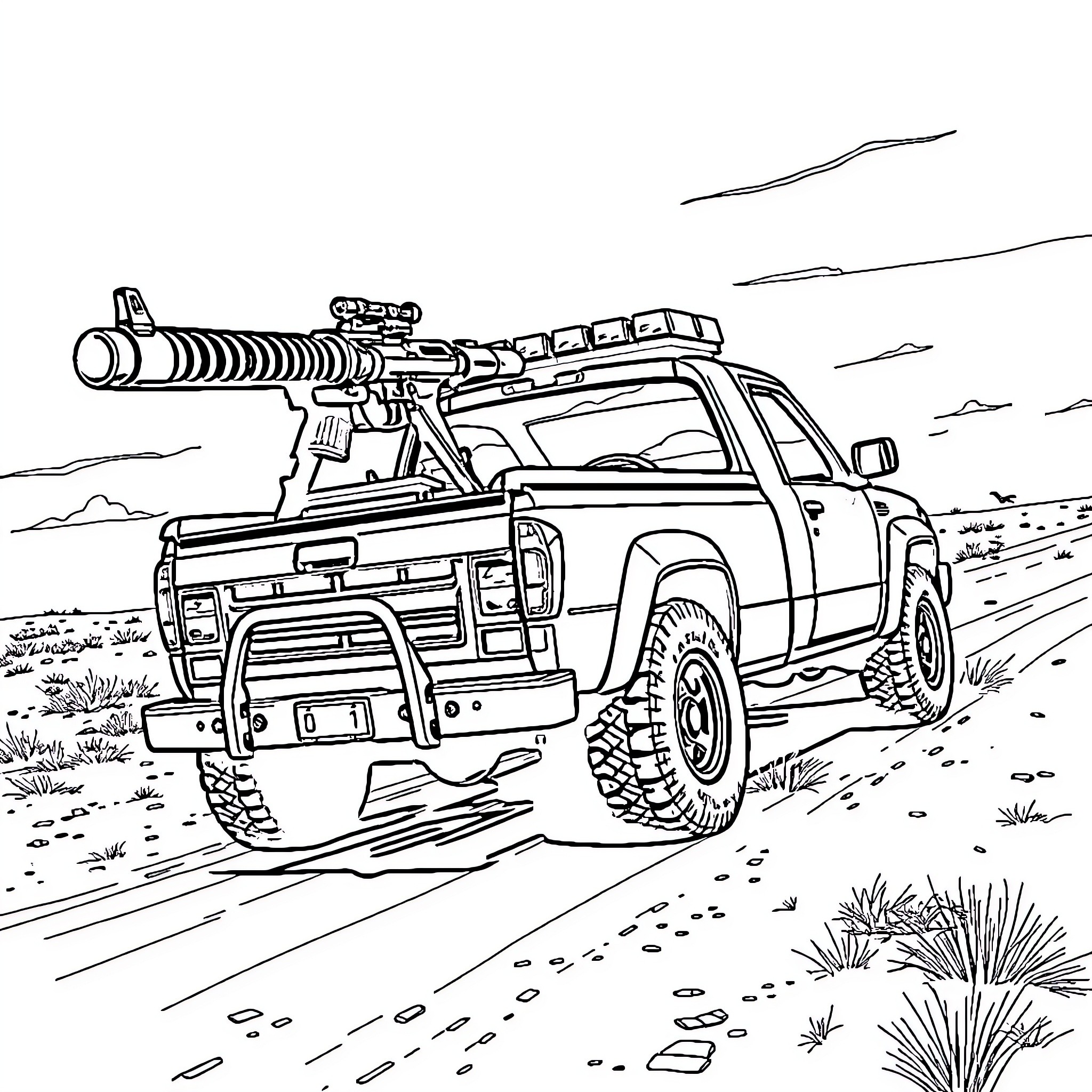 Pickup Truck with Mounted Rifle on Desert Terrain Coloring Page (free black-and-white line drawing printable PDF for all, from beginners to advanced learners, including children, teens, adults, and seniors)