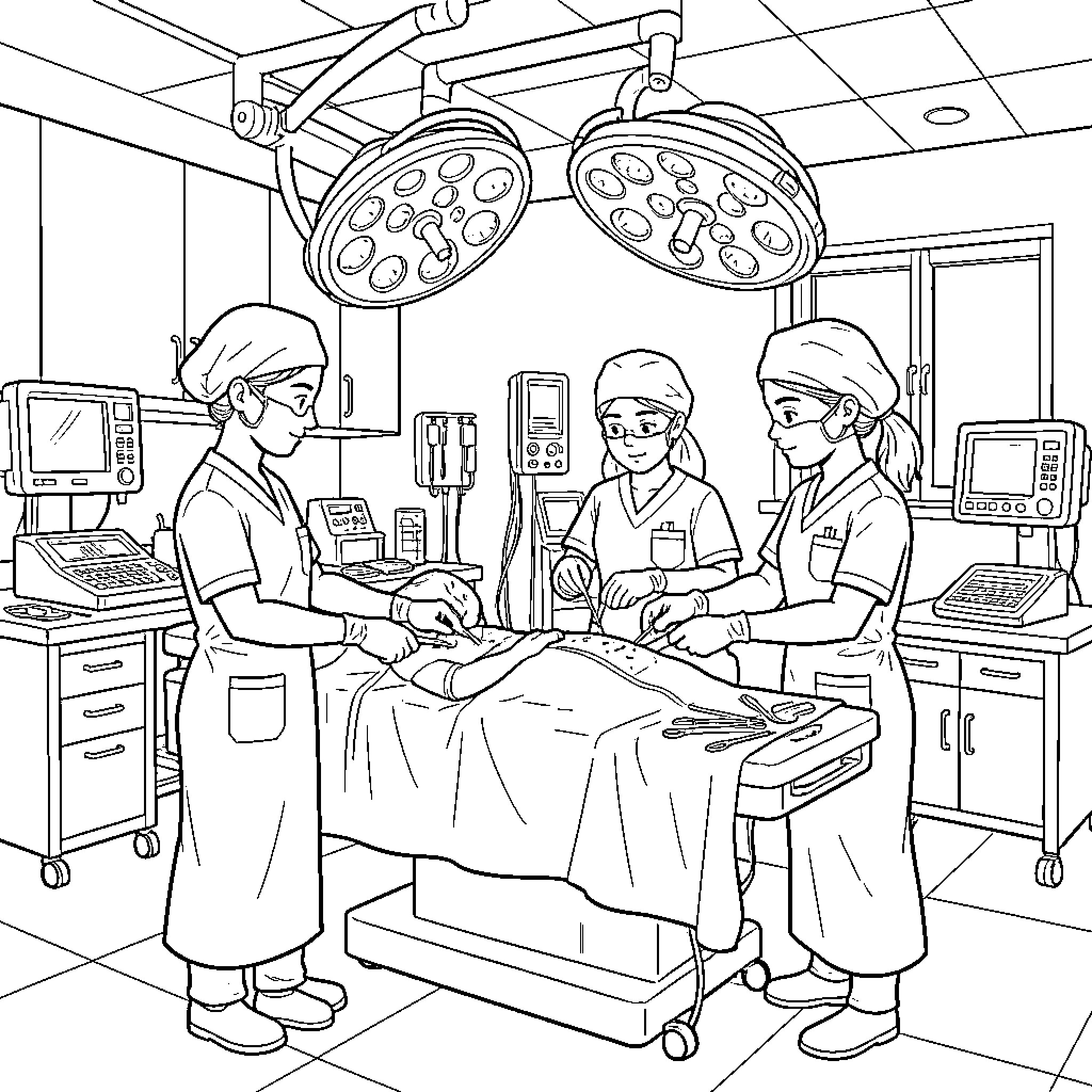 Surgery Team Performing Medical Procedure in Operating Room Coloring Page (free black-and-white line drawing printable PDF for all, from beginners to advanced learners, including children, teens, adults, and seniors)
