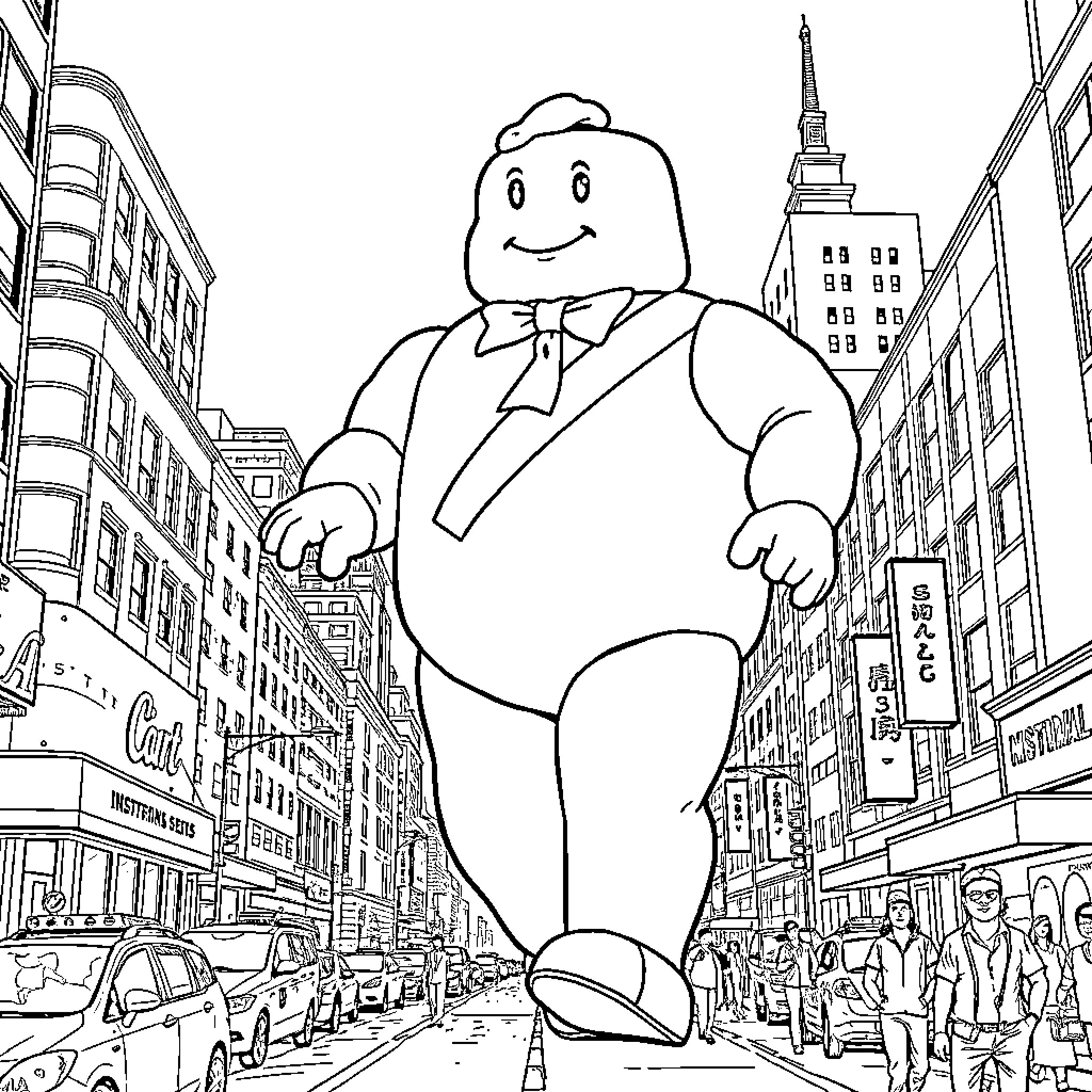 Marshmallow Man towering over the bustling city streets Coloring Page (free black-and-white line drawing printable PDF for all, from beginners to advanced learners, including children, teens, adults, and seniors)