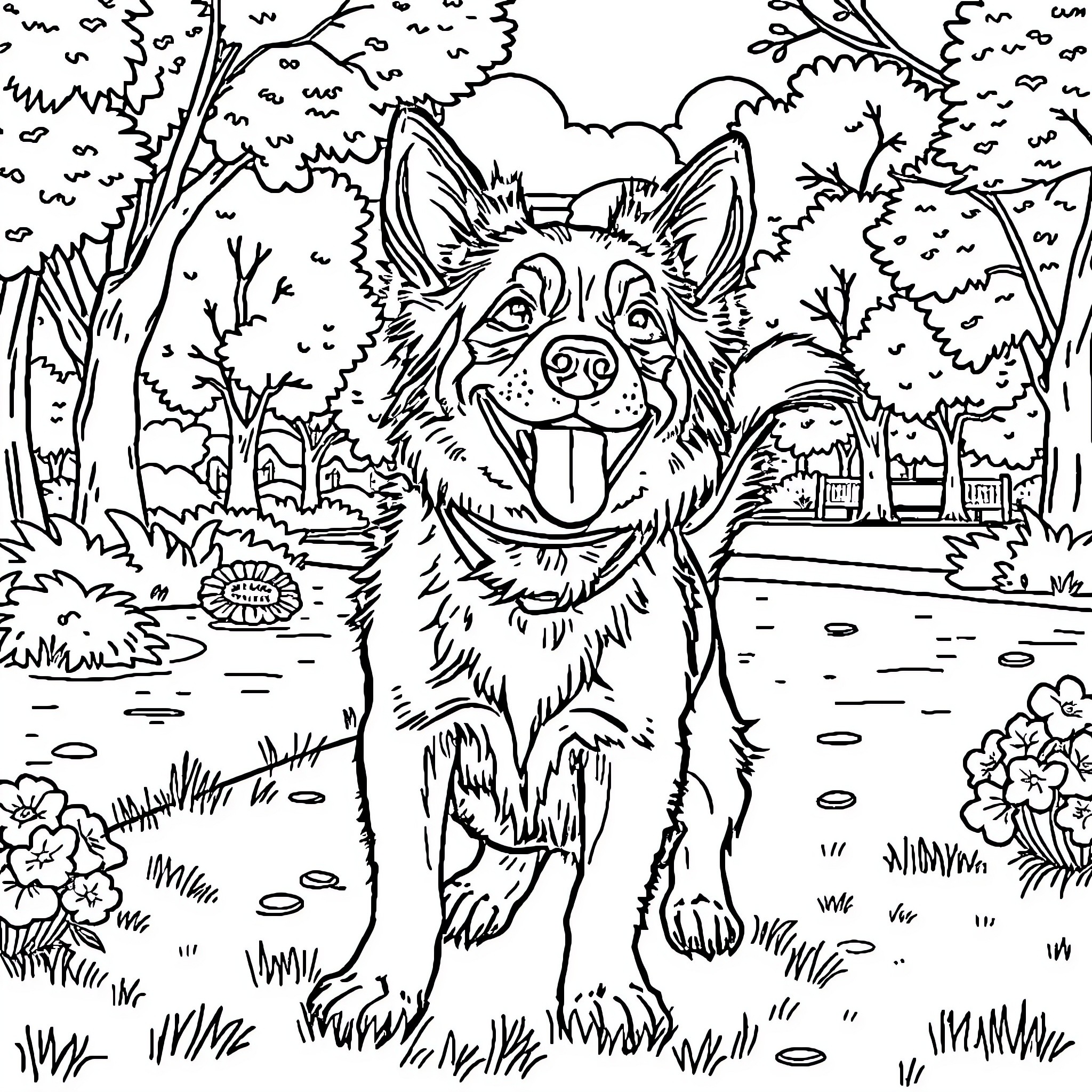 Dog enjoying a playful day in the park Coloring Page (free black-and-white line drawing printable PDF for all, from beginners to advanced learners, including children, teens, adults, and seniors)
