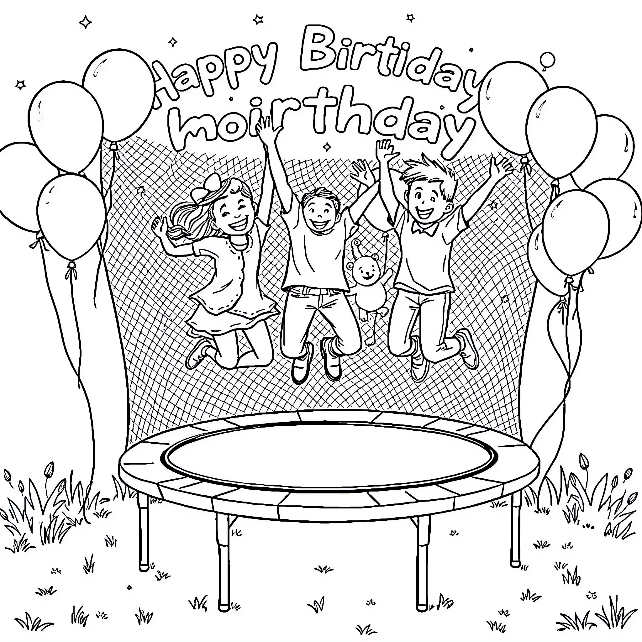 Family Celebrating a Happy Birthday Outdoors Coloring Page (free black-and-white line drawing printable PDF for all, from beginners to advanced learners, including children, teens, adults, and seniors)