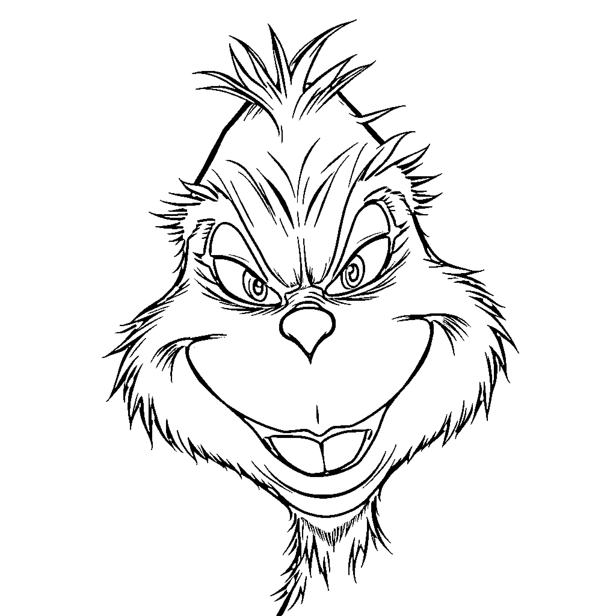 Grinch with a mischievous expression Coloring Page (free black-and-white line drawing printable PDF for all, from beginners to advanced learners, including children, teens, adults, and seniors)