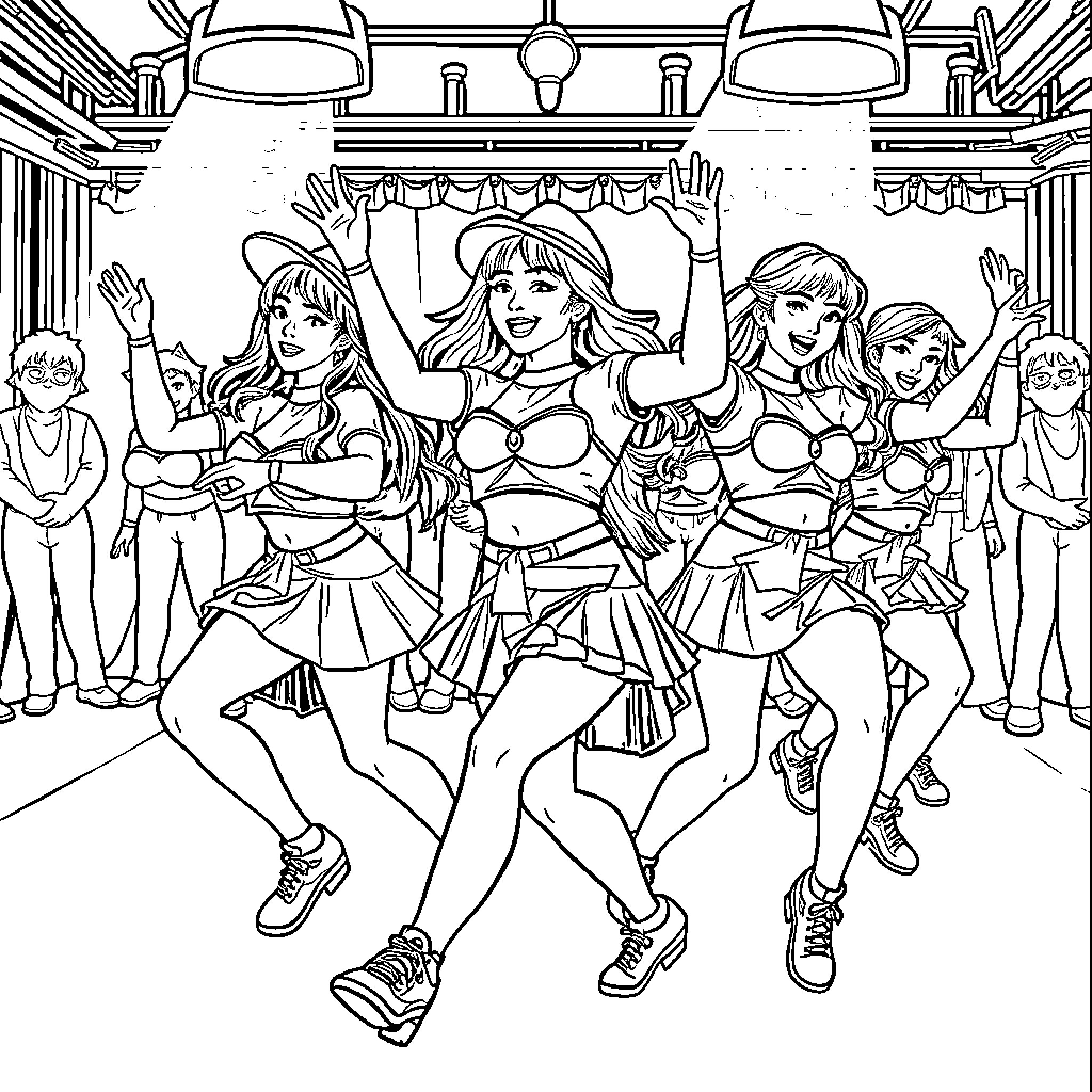 K Pop Warrior Performers Dance With Enthusiasm Coloring Page (free black-and-white line drawing printable PDF for all, from beginners to advanced learners, including children, teens, adults, and seniors)