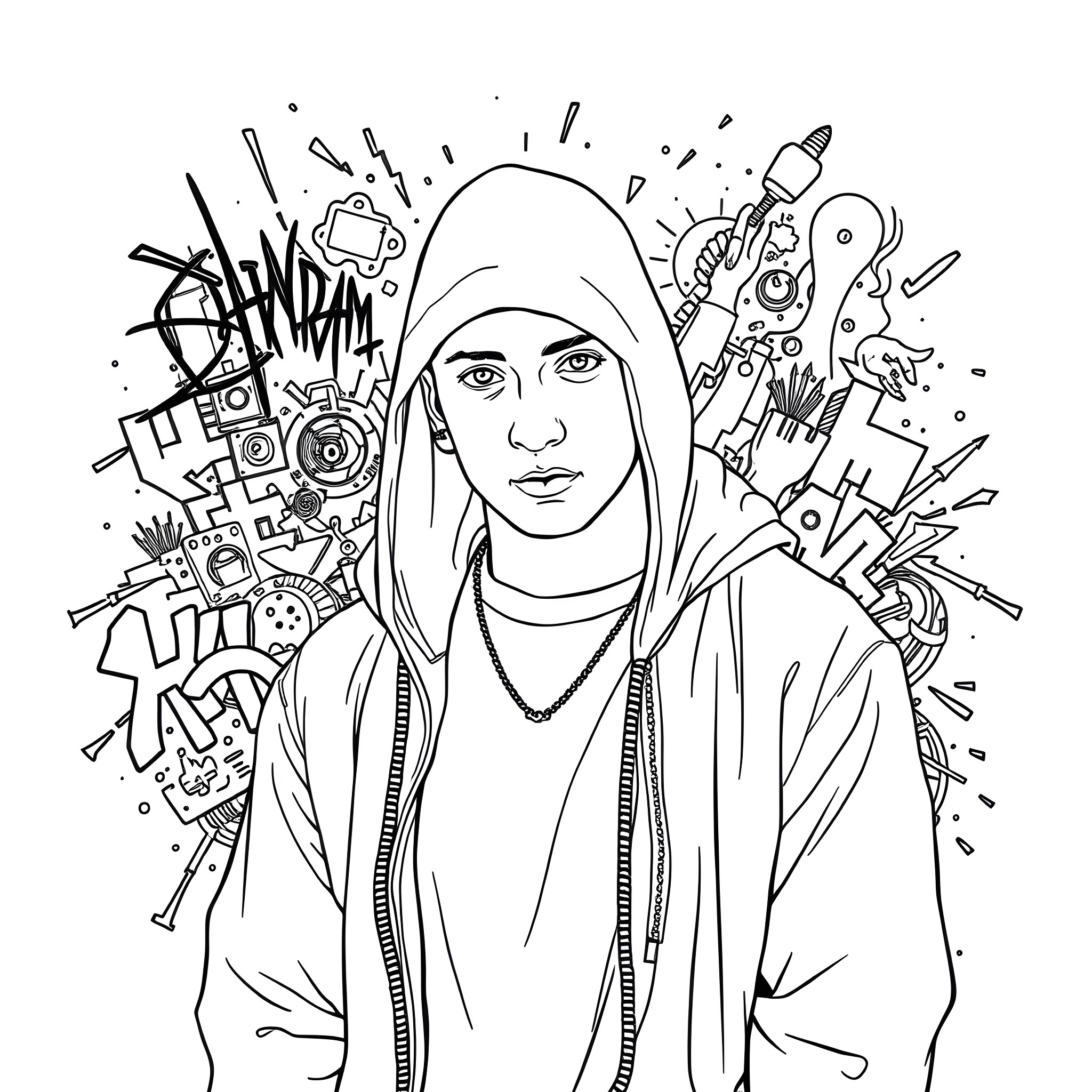 Eminem in a hoodie amidst abstract symbols and designs Coloring Page (free black-and-white line drawing printable PDF for all, from beginners to advanced learners, including children, teens, adults, and seniors)