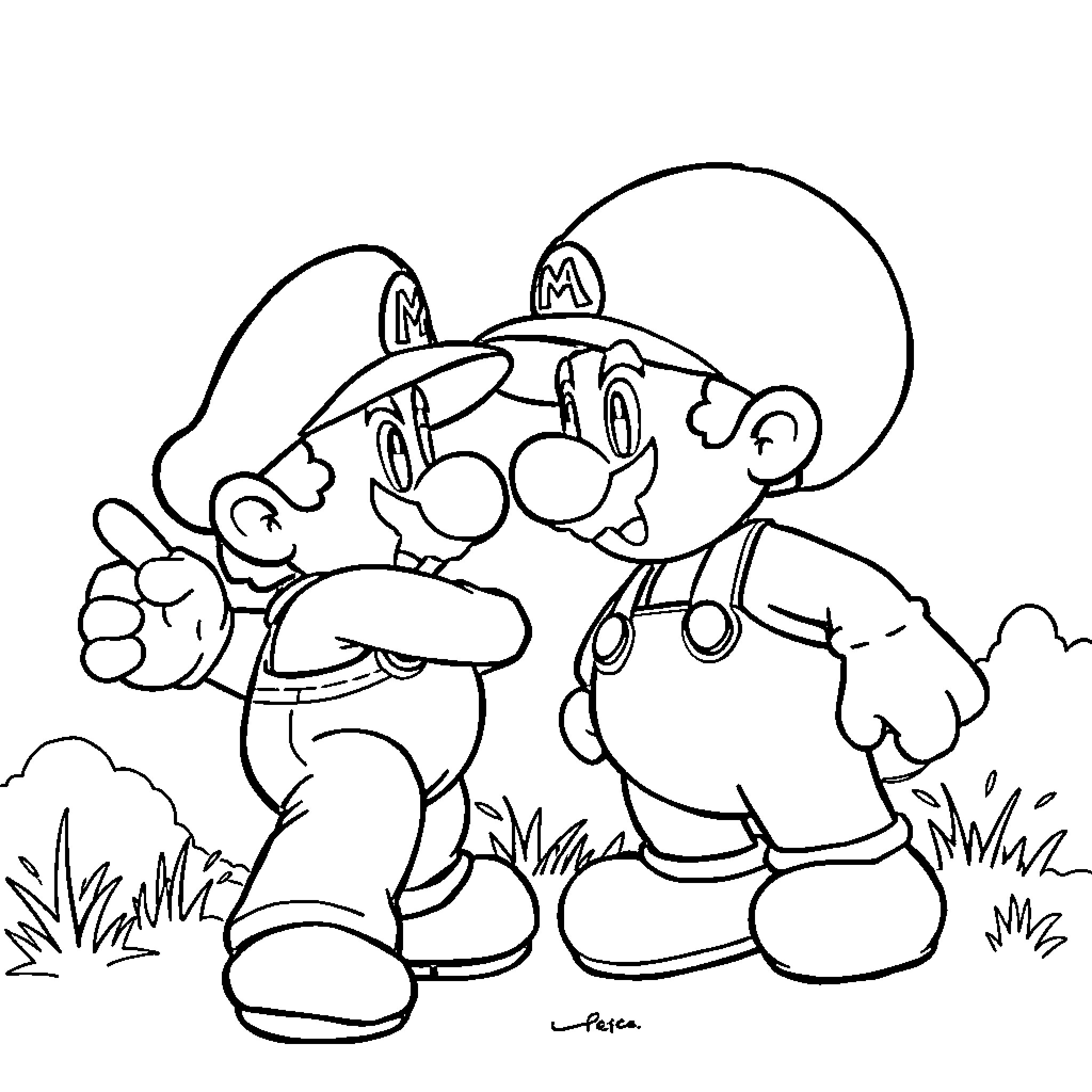 Mario brothers in a playful outdoor scene Coloring Page (free black-and-white line drawing printable PDF for all, from beginners to advanced learners, including children, teens, adults, and seniors)