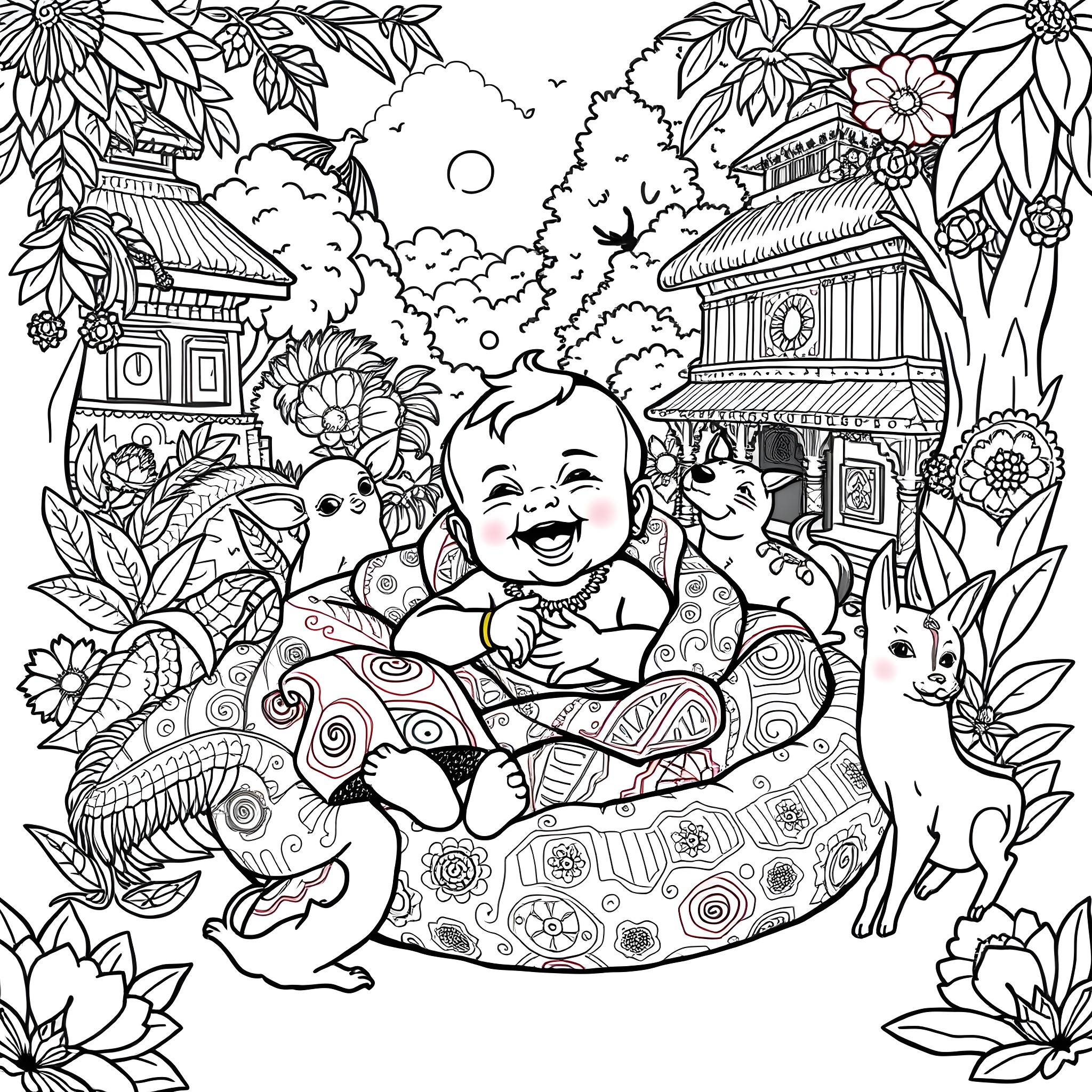 Baby playing happily with animals in a lush garden Coloring Page (free black-and-white line drawing printable PDF for all, from beginners to advanced learners, including children, teens, adults, and seniors)