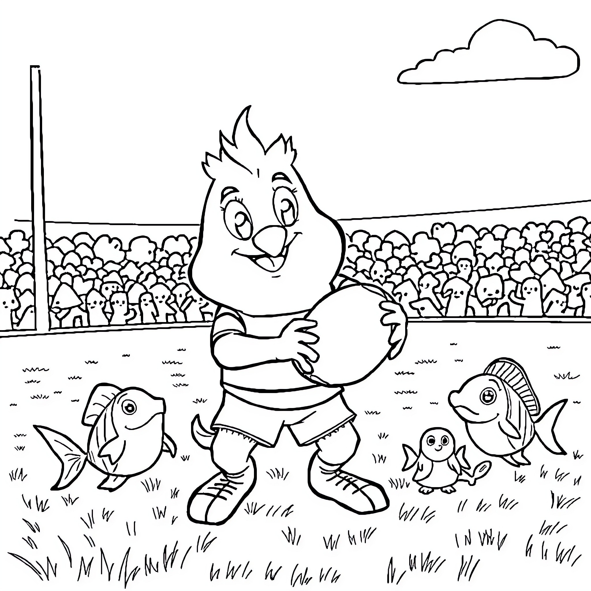 Spongebob playing with fish in outdoor scene Coloring Page (free black-and-white line drawing printable PDF for all, from beginners to advanced learners, including children, teens, adults, and seniors)