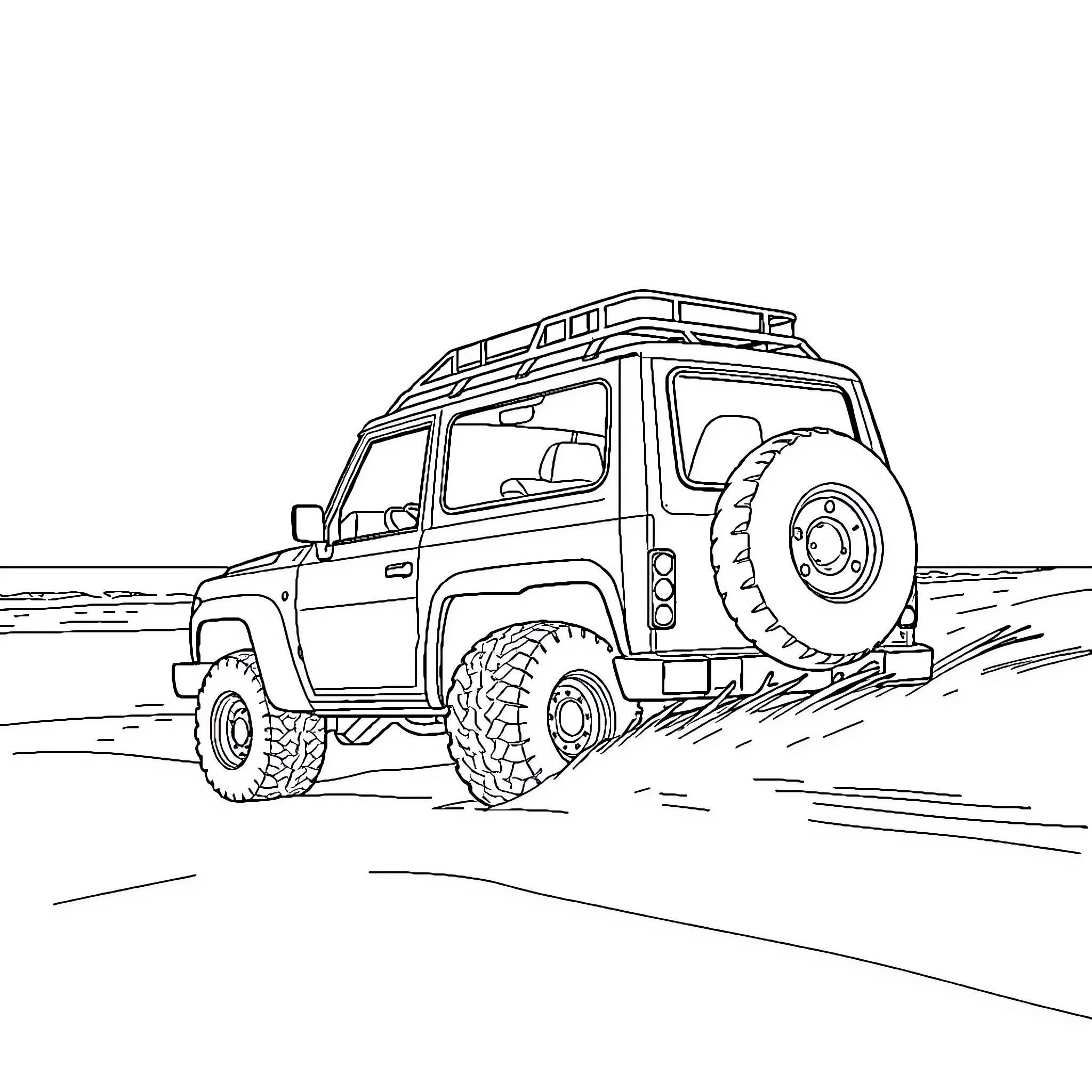 4x4 Off-road Adventure Vehicle Navigates Terrain Coloring Page (free black-and-white line drawing printable PDF for all, from beginners to advanced learners, including children, teens, adults, and seniors)