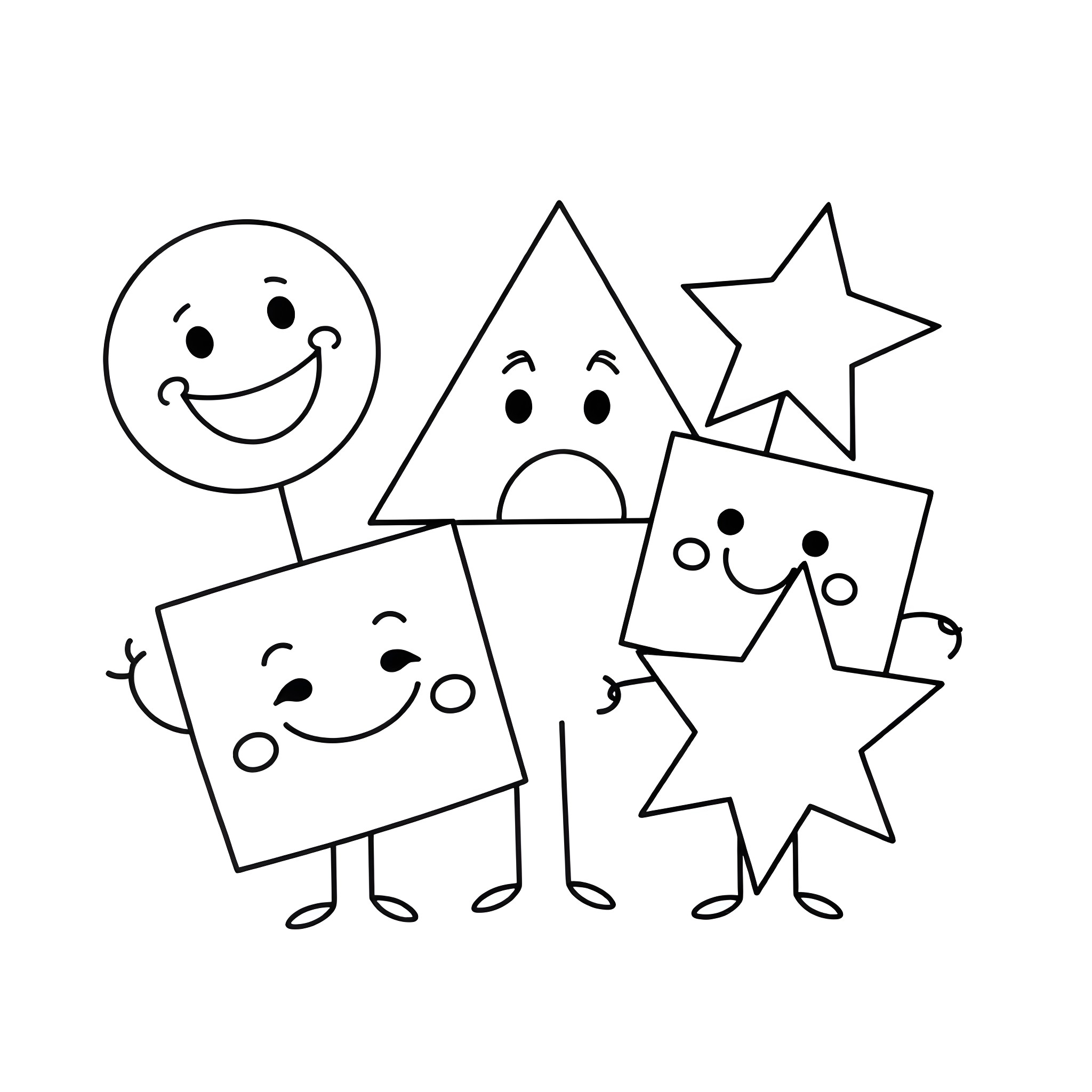 Shape characters playing together happily Coloring Page (free black-and-white line drawing printable PDF for all, from beginners to advanced learners, including children, teens, adults, and seniors)