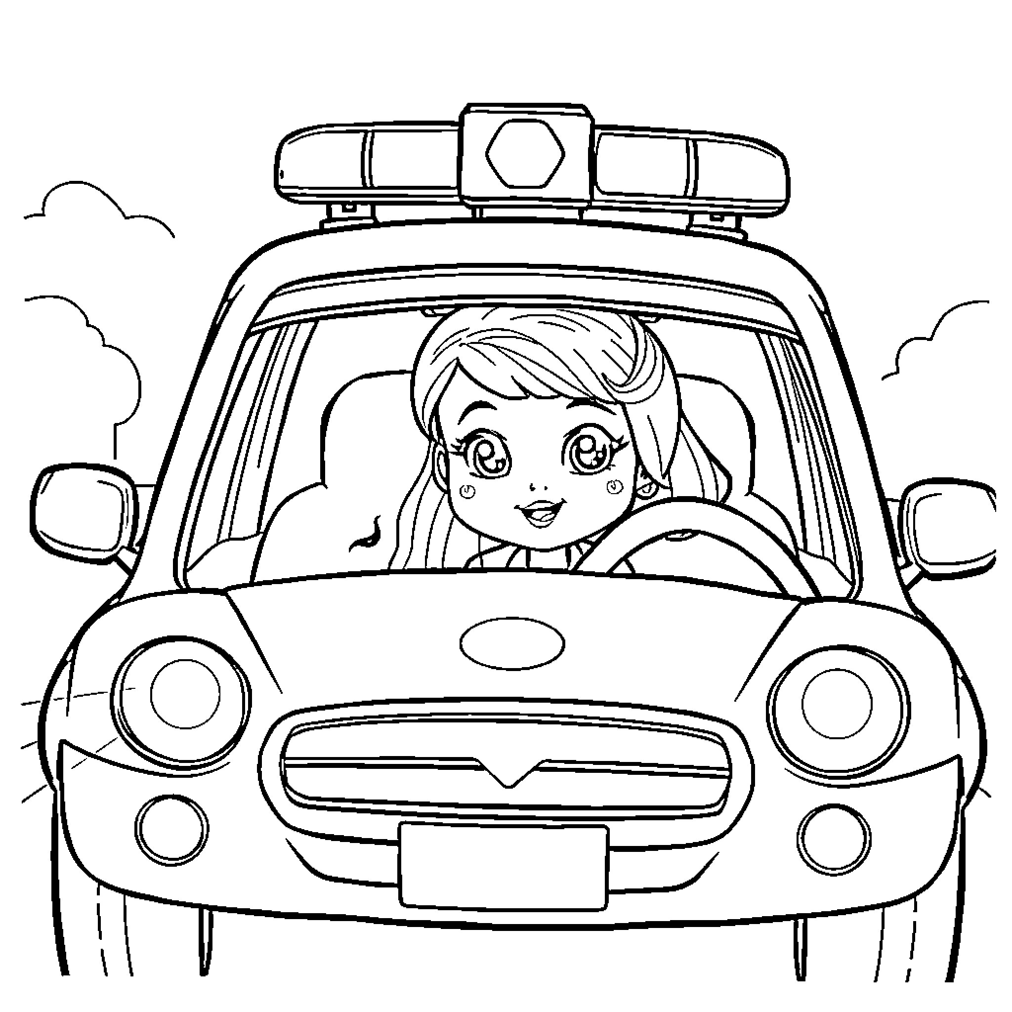 Gabby Dollhouse driving a police car Coloring Page (free black-and-white line drawing printable PDF for all, from beginners to advanced learners, including children, teens, adults, and seniors)