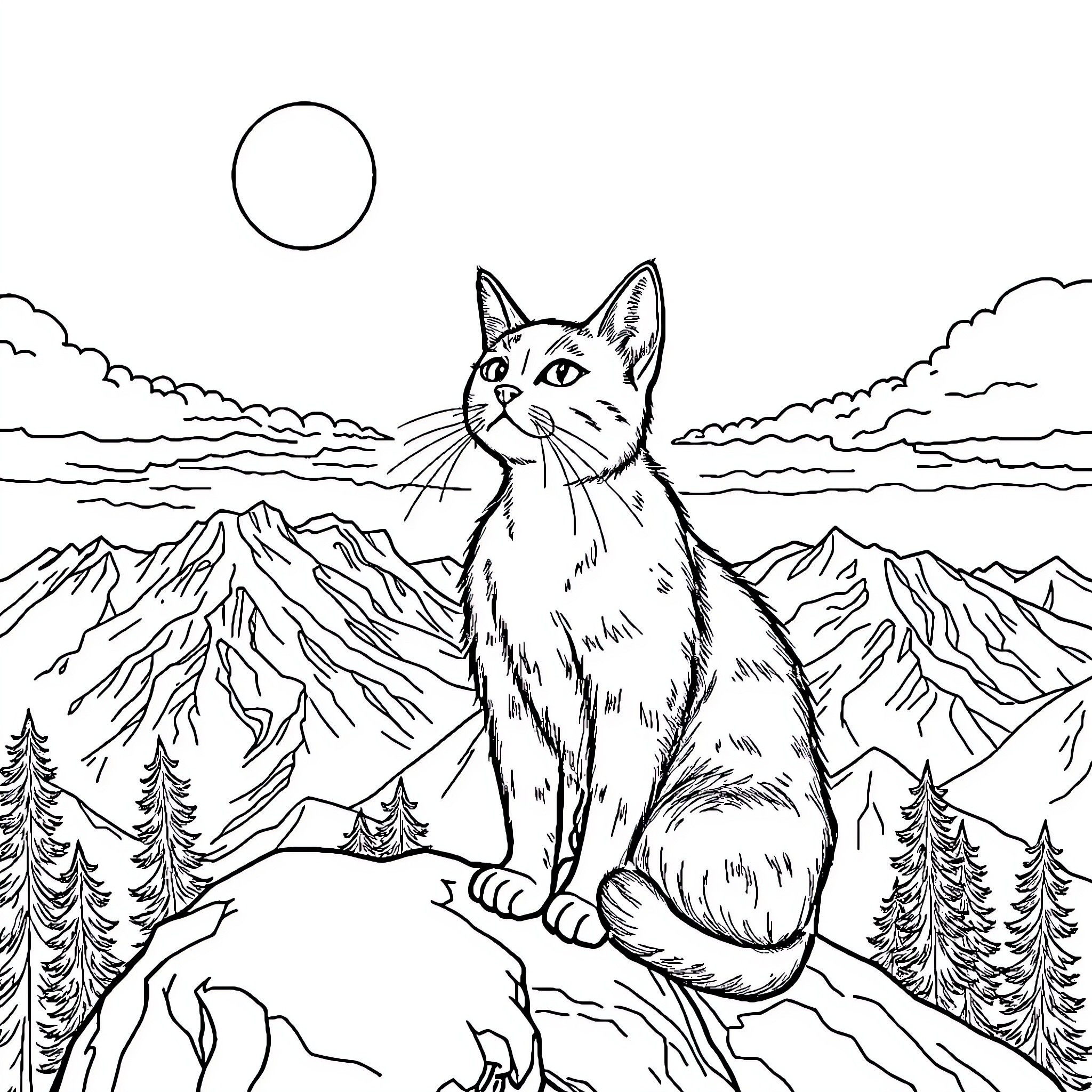 Cat exploring scenic mountain landscape Coloring Page (free black-and-white line drawing printable PDF for all, from beginners to advanced learners, including children, teens, adults, and seniors)