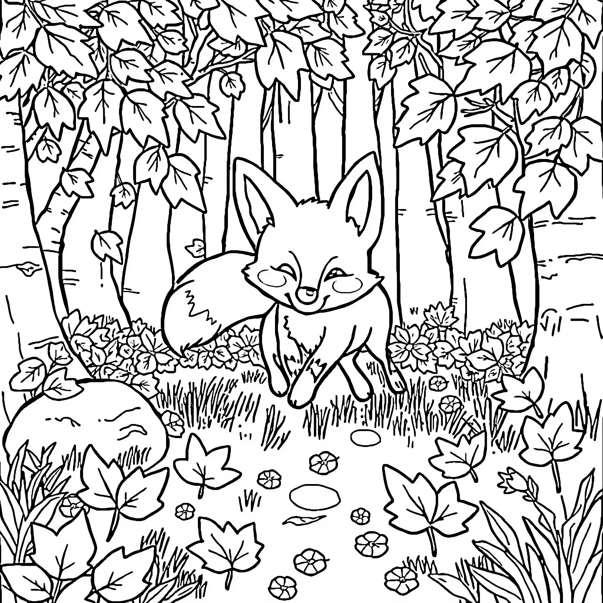 Fox in a Whimsical Forest Scene Coloring Page (free black-and-white line drawing printable PDF for all, from beginners to advanced learners, including children, teens, adults, and seniors)