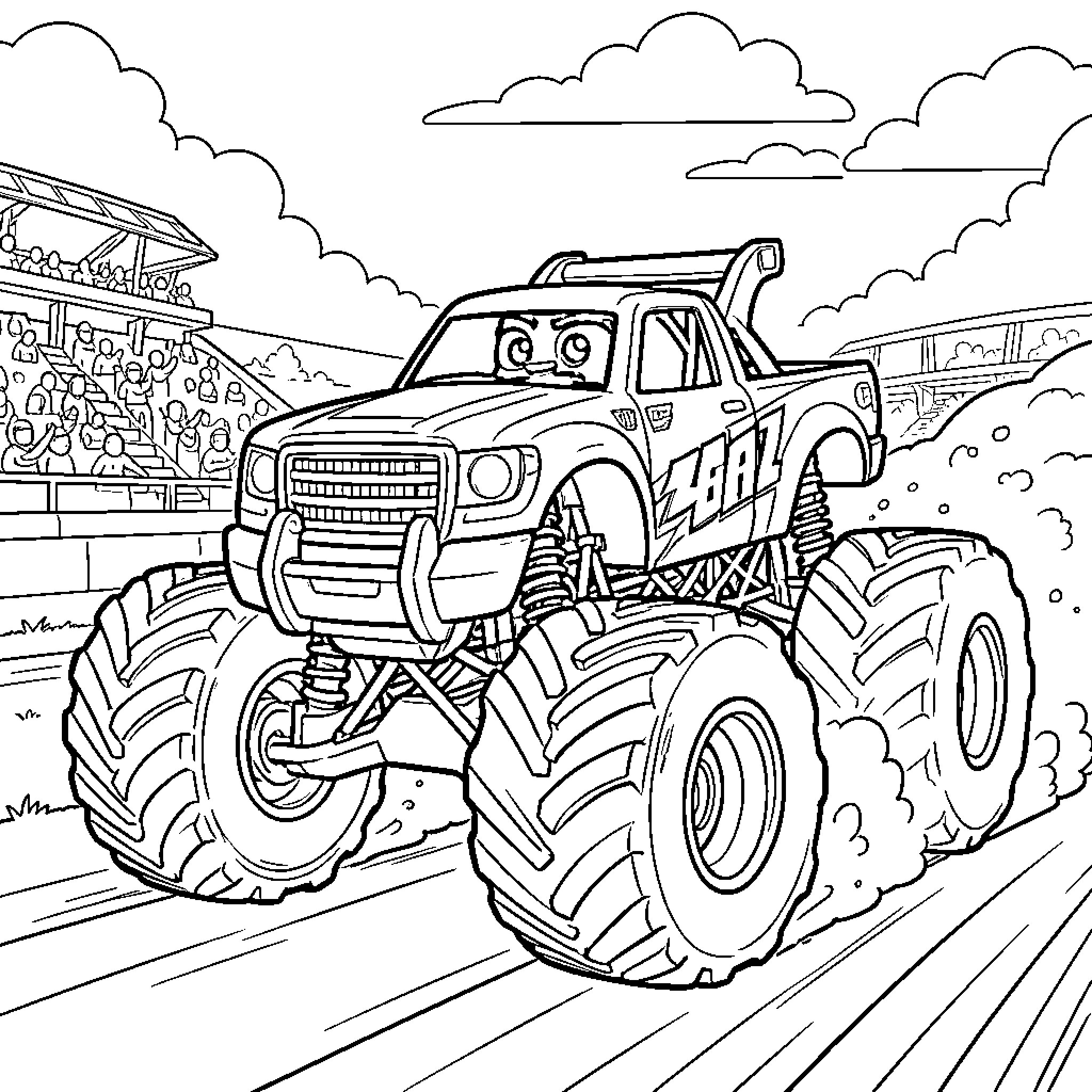 Crusher monster truck racing through the field Coloring Page (free black-and-white line drawing printable PDF for all, from beginners to advanced learners, including children, teens, adults, and seniors)