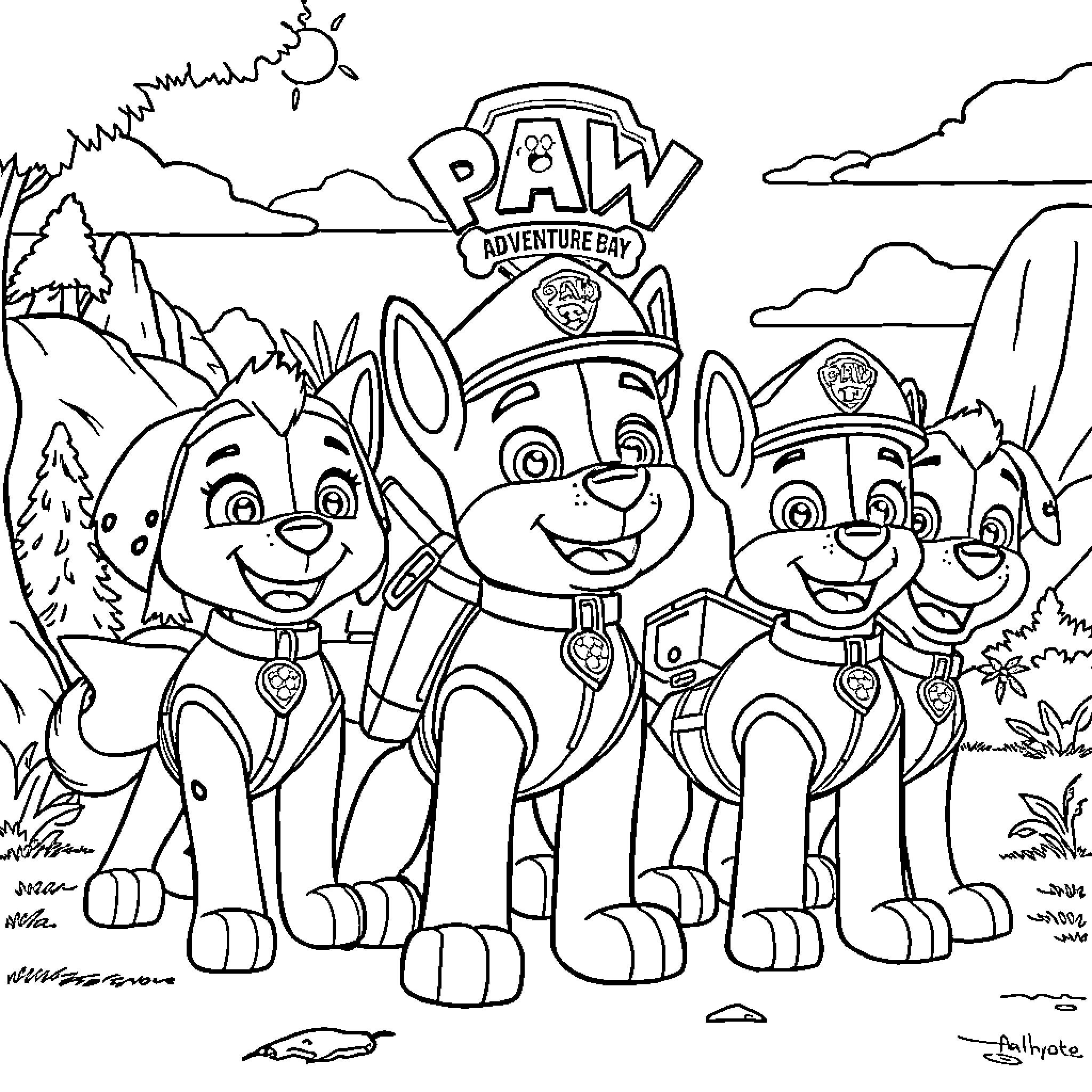 Paw Patrol characters on an adventure Coloring Page (free black-and-white line drawing printable PDF for all, from beginners to advanced learners, including children, teens, adults, and seniors)