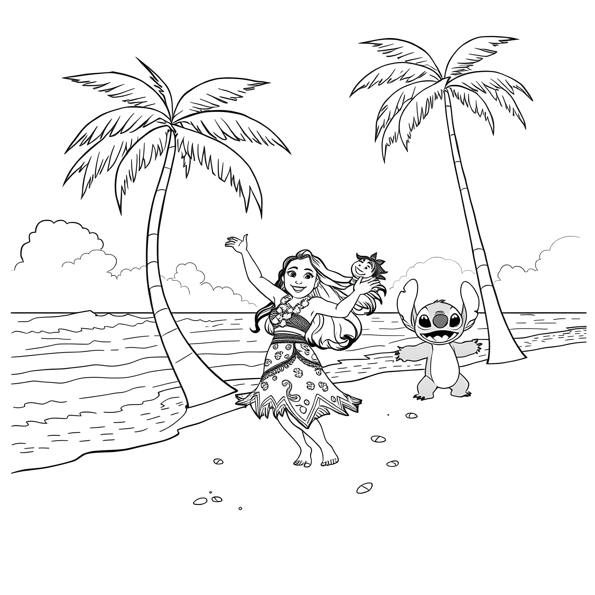 Moana enjoying the tropical beach with friends Coloring Page (free black-and-white line drawing printable PDF for all, from beginners to advanced learners, including children, teens, adults, and seniors)