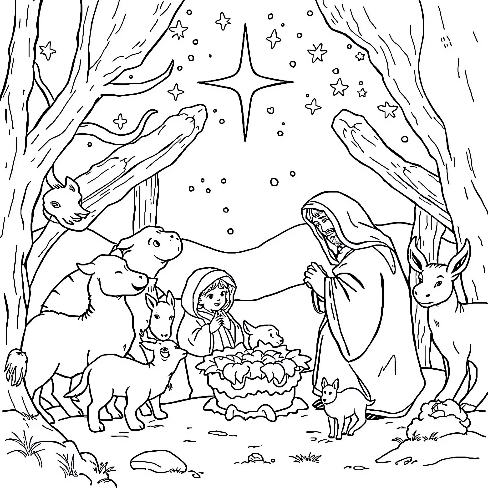 Noah's Adventure in the Starry Night Coloring Page (free black-and-white line drawing printable PDF for all, from beginners to advanced learners, including children, teens, adults, and seniors)