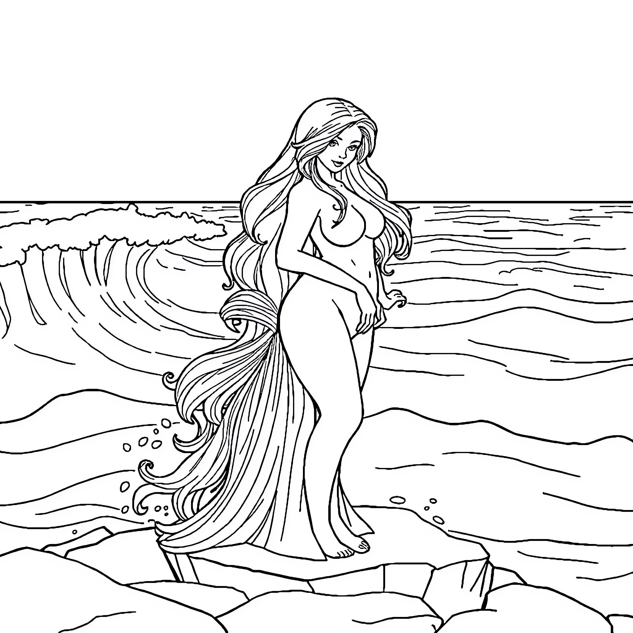 Mona Lisa in the Waves Coloring Page (free black-and-white line drawing printable PDF for all, from beginners to advanced learners, including children, teens, adults, and seniors)