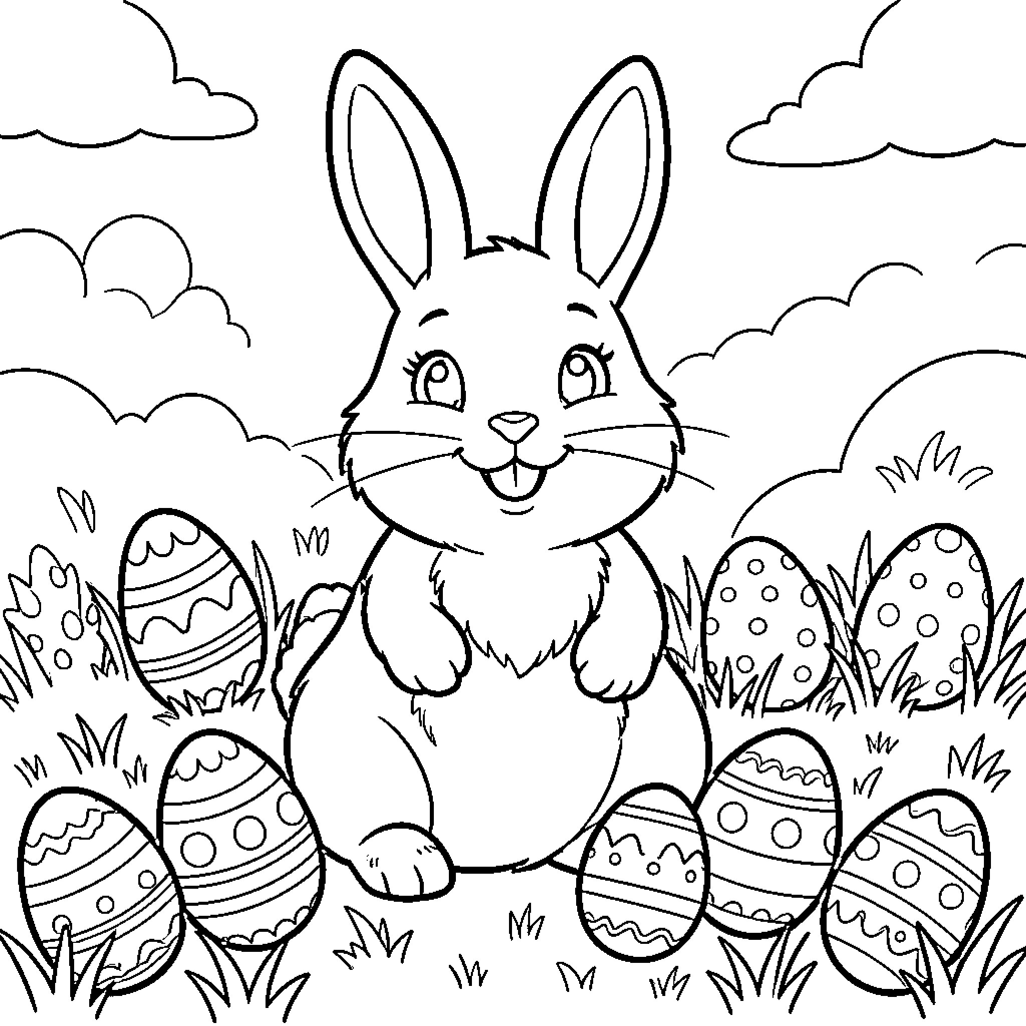 Rabbit enjoying Easter egg hunt in the meadow Coloring Page (free black-and-white line drawing printable PDF for all, from beginners to advanced learners, including children, teens, adults, and seniors)