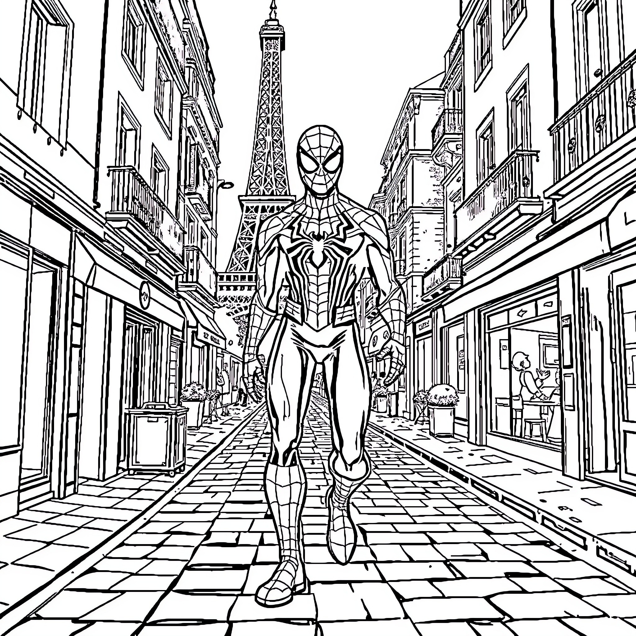 Spiderman swinging through the streets of Paris Coloring Page (free black-and-white line drawing printable PDF for all, from beginners to advanced learners, including children, teens, adults, and seniors)