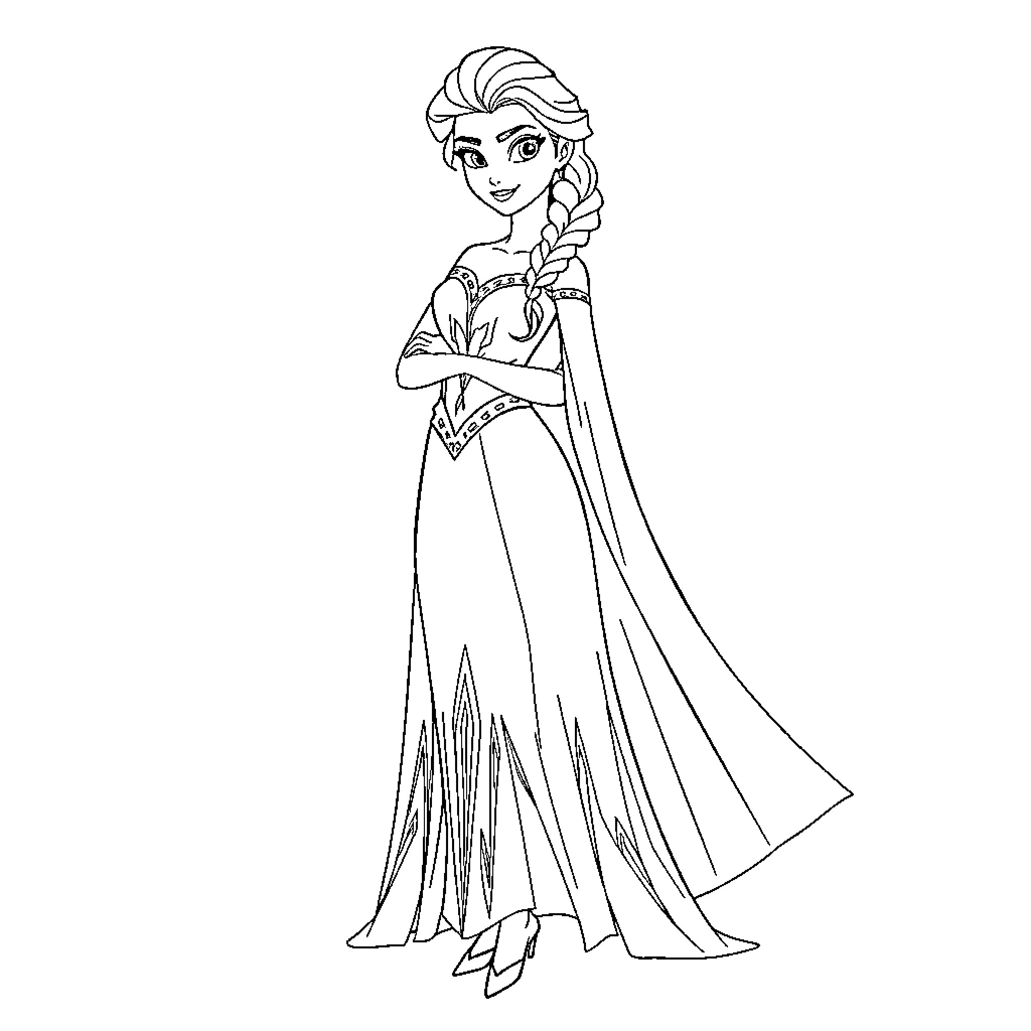 Elsa in regal winter attire with flowing cape Coloring Page (free black-and-white line drawing printable PDF for all, from beginners to advanced learners, including children, teens, adults, and seniors)
