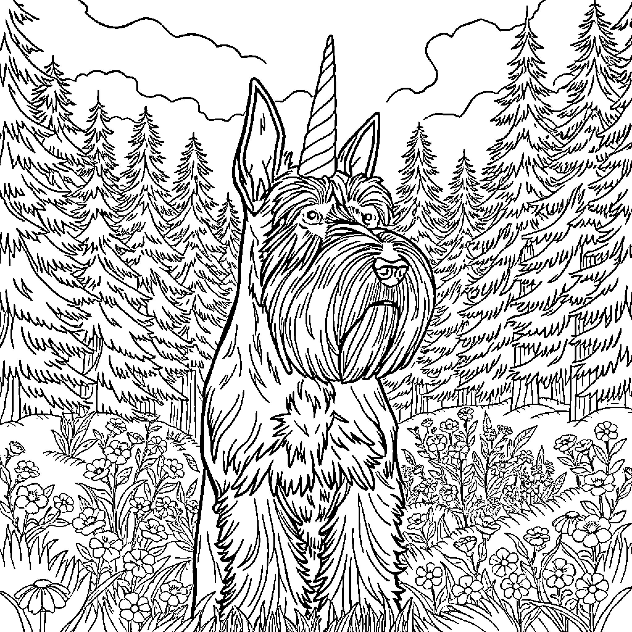 Schnauzer in enchanted forest Coloring Page (free black-and-white line drawing printable PDF for all, from beginners to advanced learners, including children, teens, adults, and seniors)