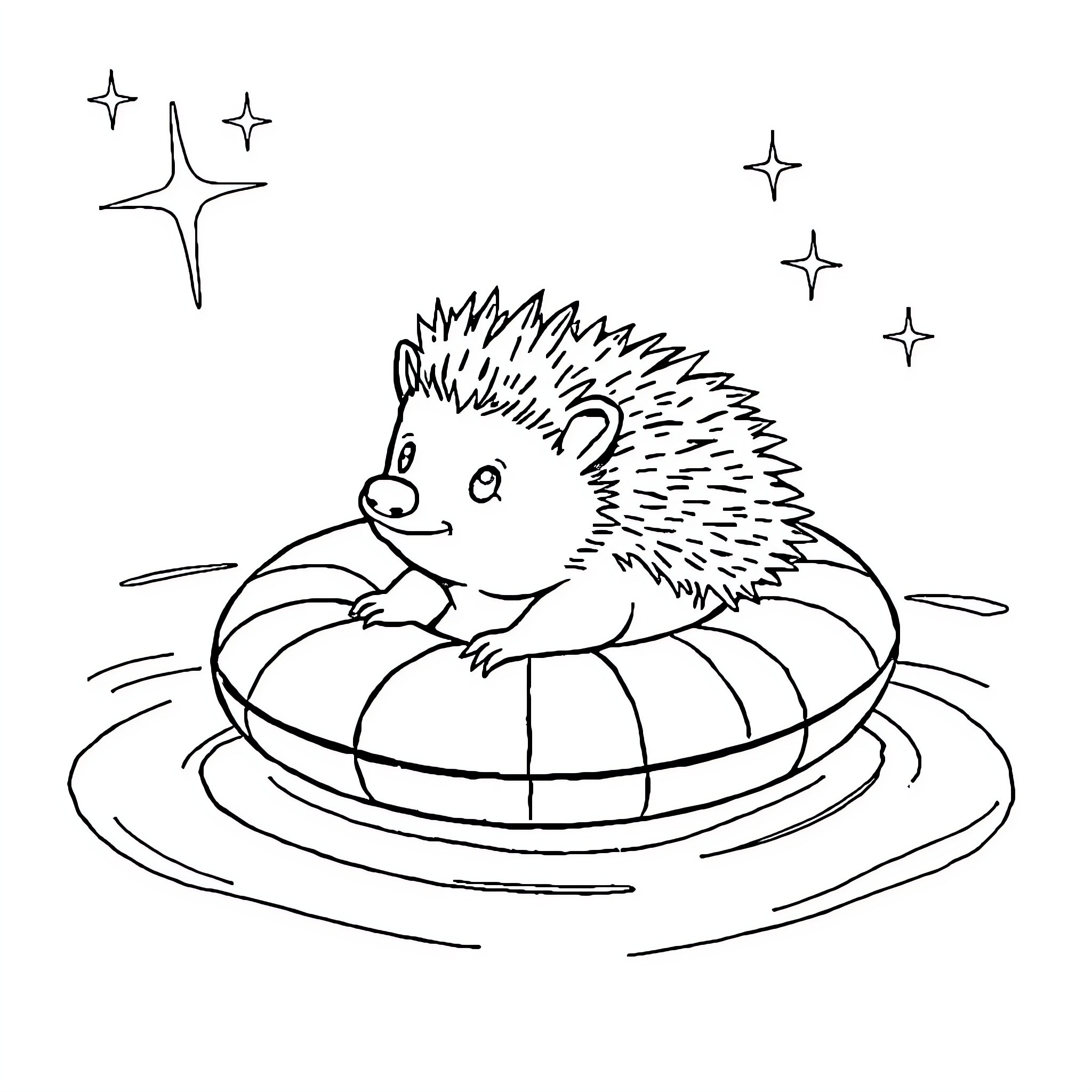 Hedgehog floating peacefully in a pool Coloring Page (free black-and-white line drawing printable PDF for all, from beginners to advanced learners, including children, teens, adults, and seniors)