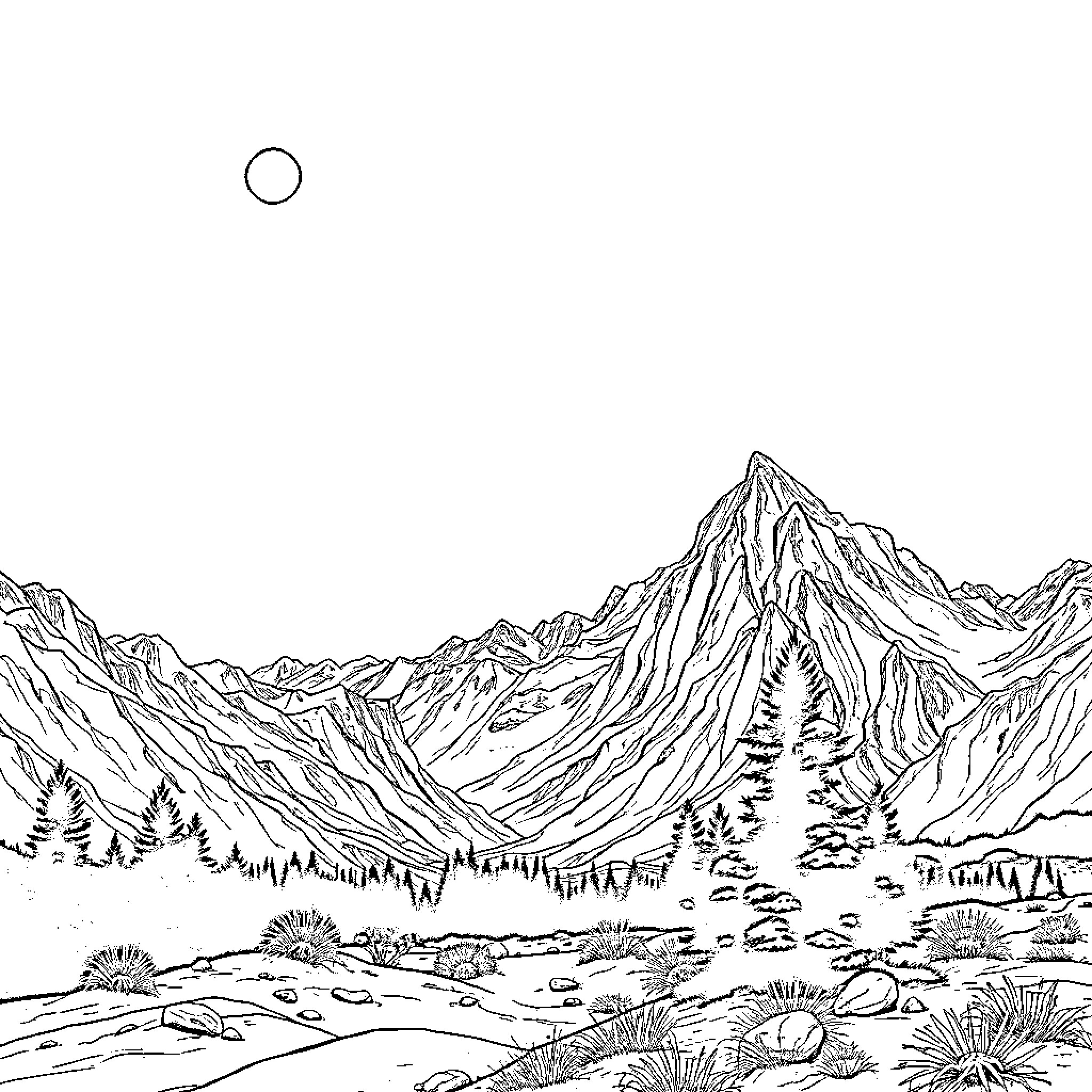 Expedition Through the Majestic Mountain Landscape Coloring Page (free black-and-white line drawing printable PDF for all, from beginners to advanced learners, including children, teens, adults, and seniors)
