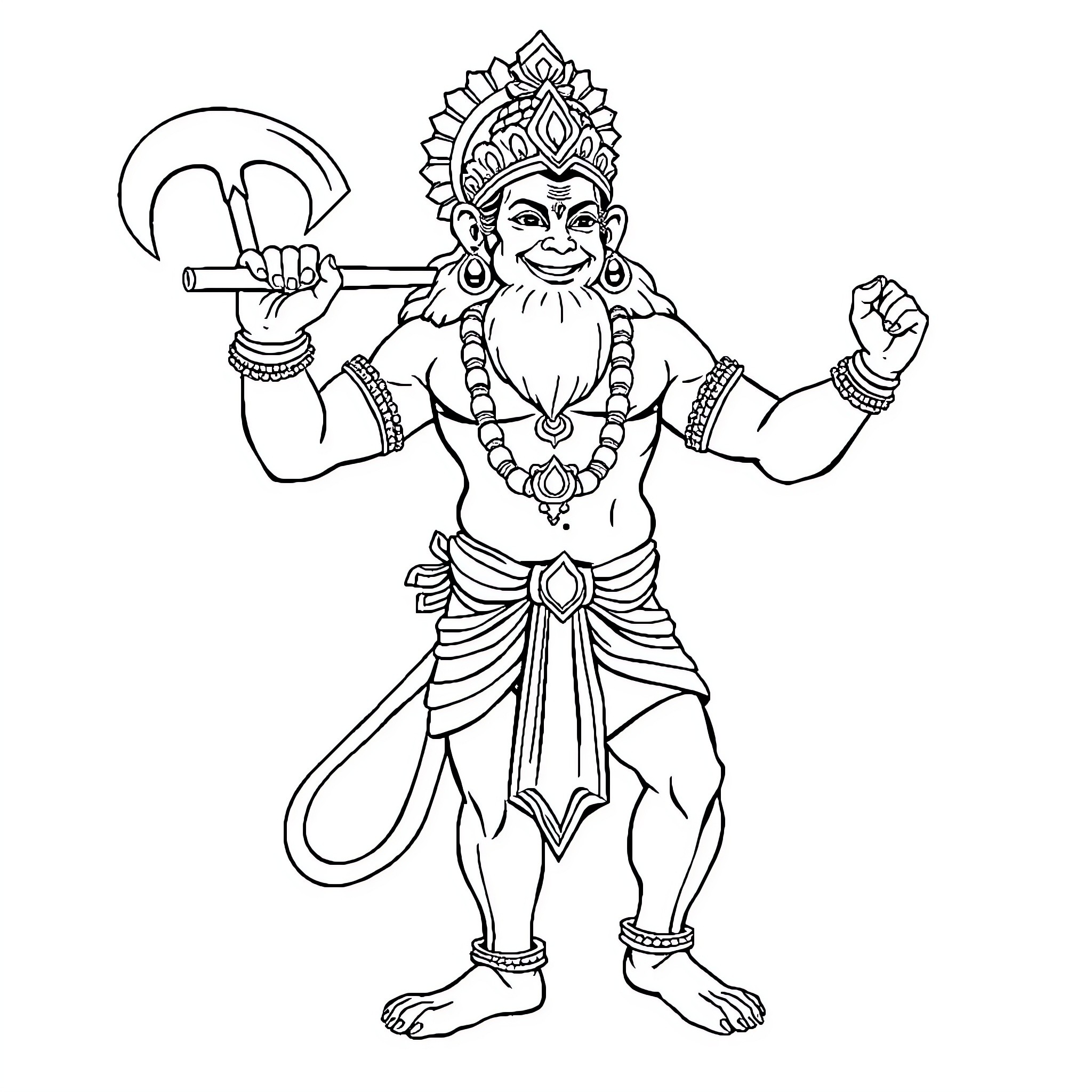 Hanuman the Mighty Monkey-God in Action Coloring Page (free black-and-white line drawing printable PDF for all, from beginners to advanced learners, including children, teens, adults, and seniors)