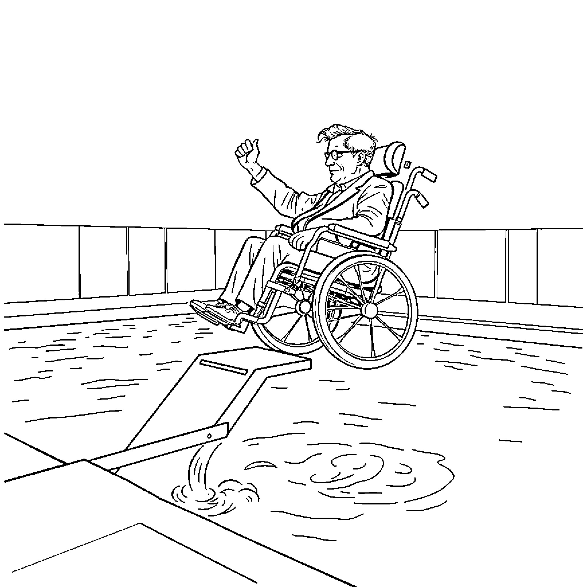 Stephen Hawking navigates wheelchair with determination Coloring Page (free black-and-white line drawing printable PDF for all, from beginners to advanced learners, including children, teens, adults, and seniors)