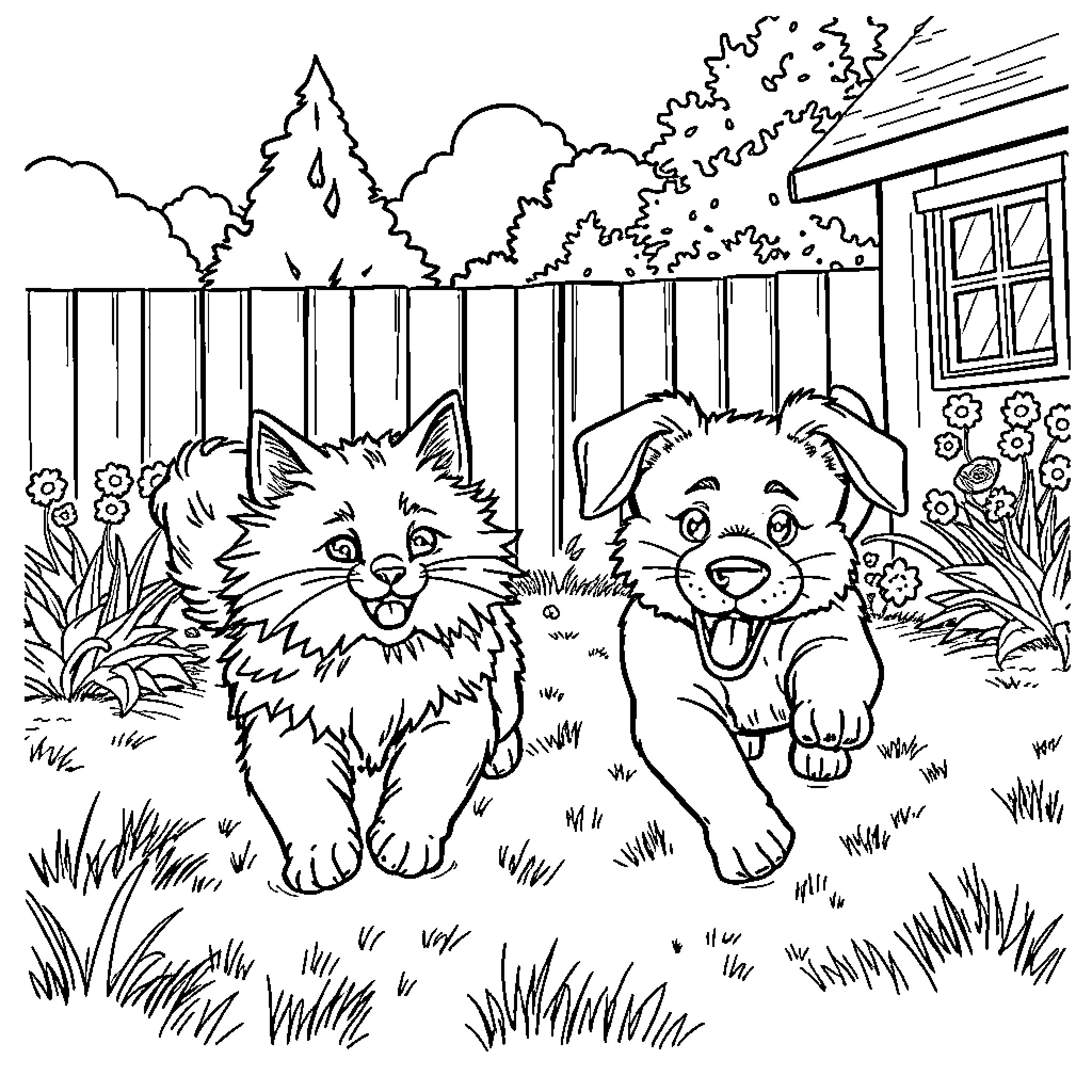 Cats playing happily outdoors in the backyard Coloring Page (free black-and-white line drawing printable PDF for all, from beginners to advanced learners, including children, teens, adults, and seniors)