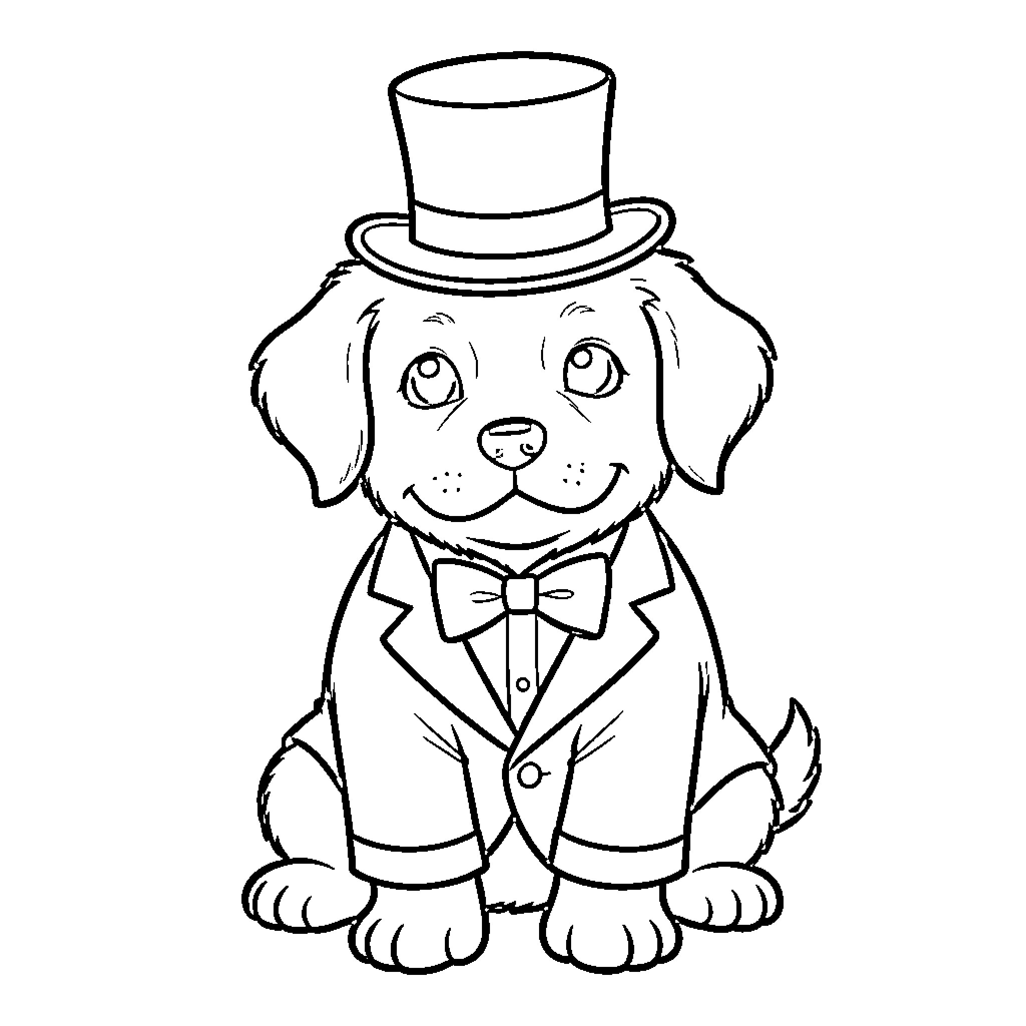 Puppy wearing a top hat and tuxedo Coloring Page (free black-and-white line drawing printable PDF for all, from beginners to advanced learners, including children, teens, adults, and seniors)