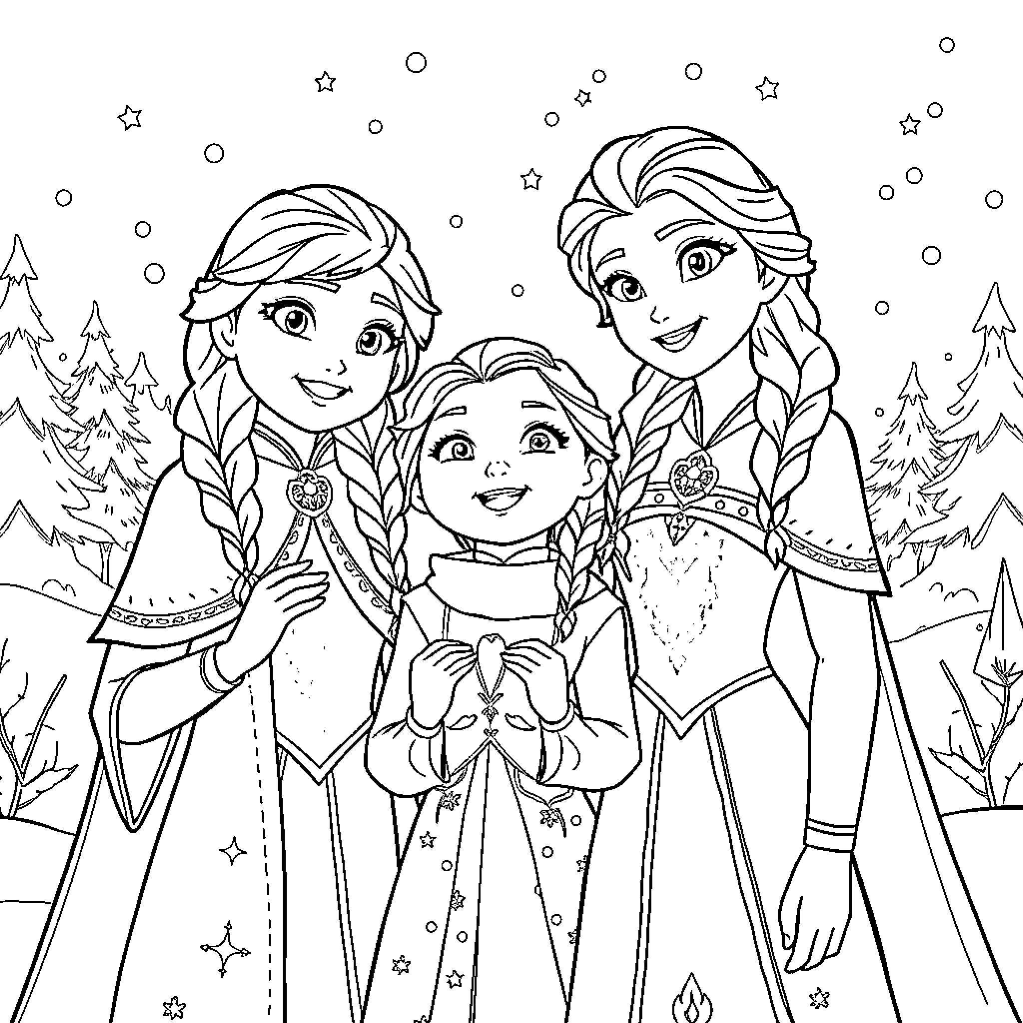 Anna and Elsa sharing a joyful moment with Olaf in the snow Coloring Page (free black-and-white line drawing printable PDF for all, from beginners to advanced learners, including children, teens, adults, and seniors)