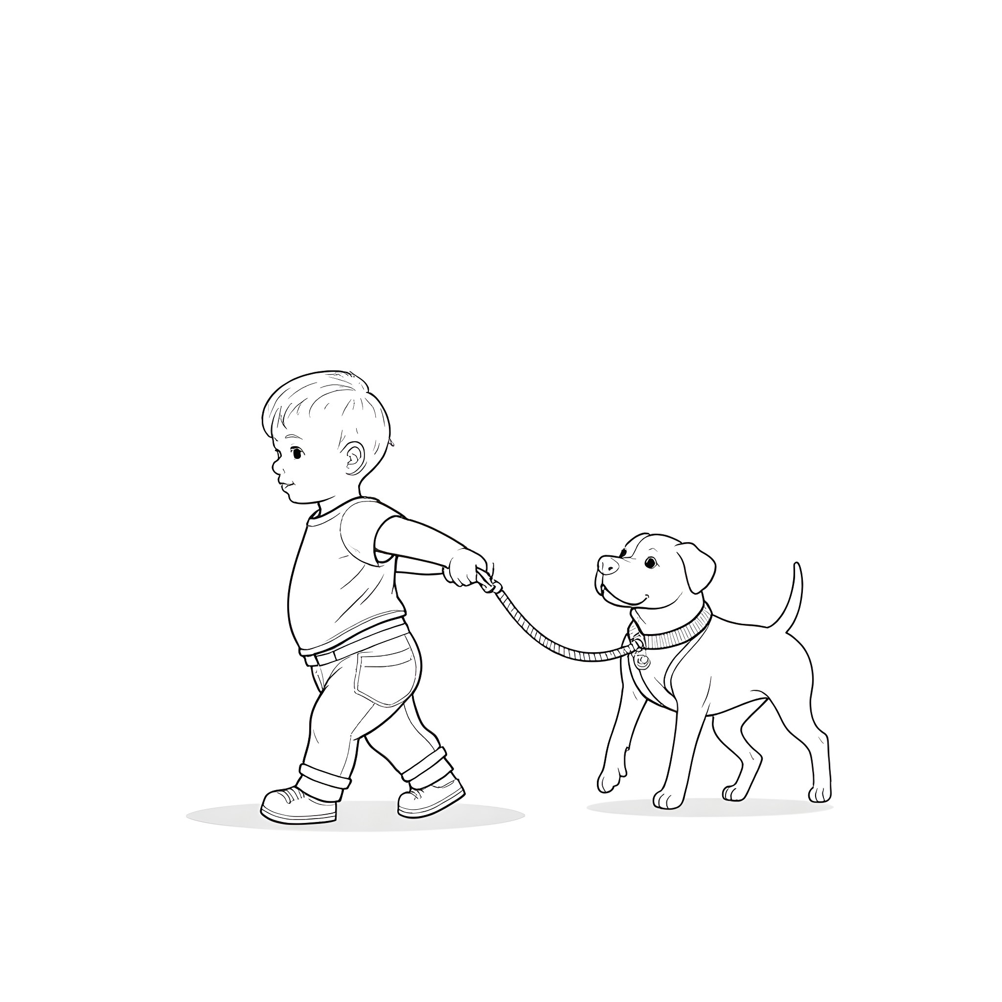 Baby walking with a puppy on a leash Coloring Page (free black-and-white line drawing printable PDF for all, from beginners to advanced learners, including children, teens, adults, and seniors)