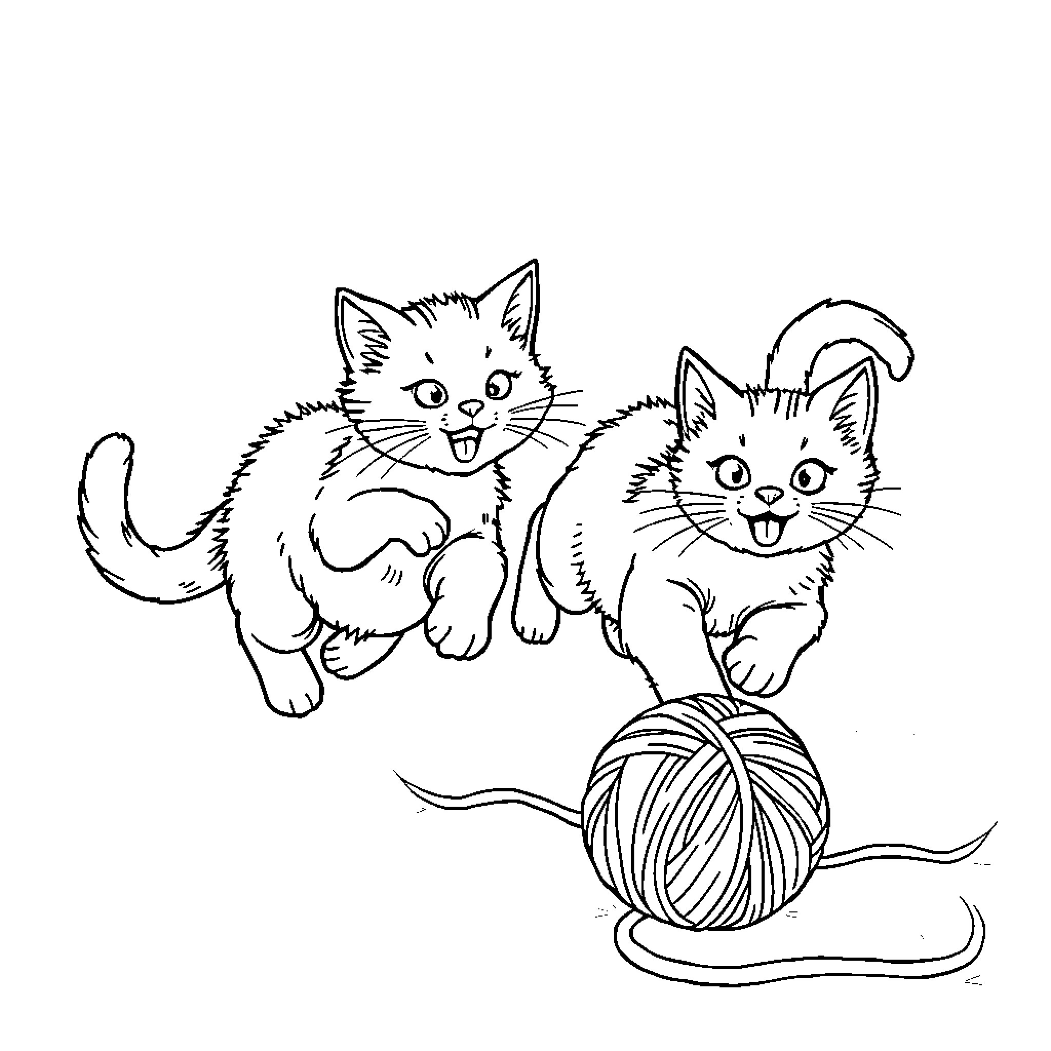 Cat playing with yarn and kittens Coloring Page (free black-and-white line drawing printable PDF for all, from beginners to advanced learners, including children, teens, adults, and seniors)