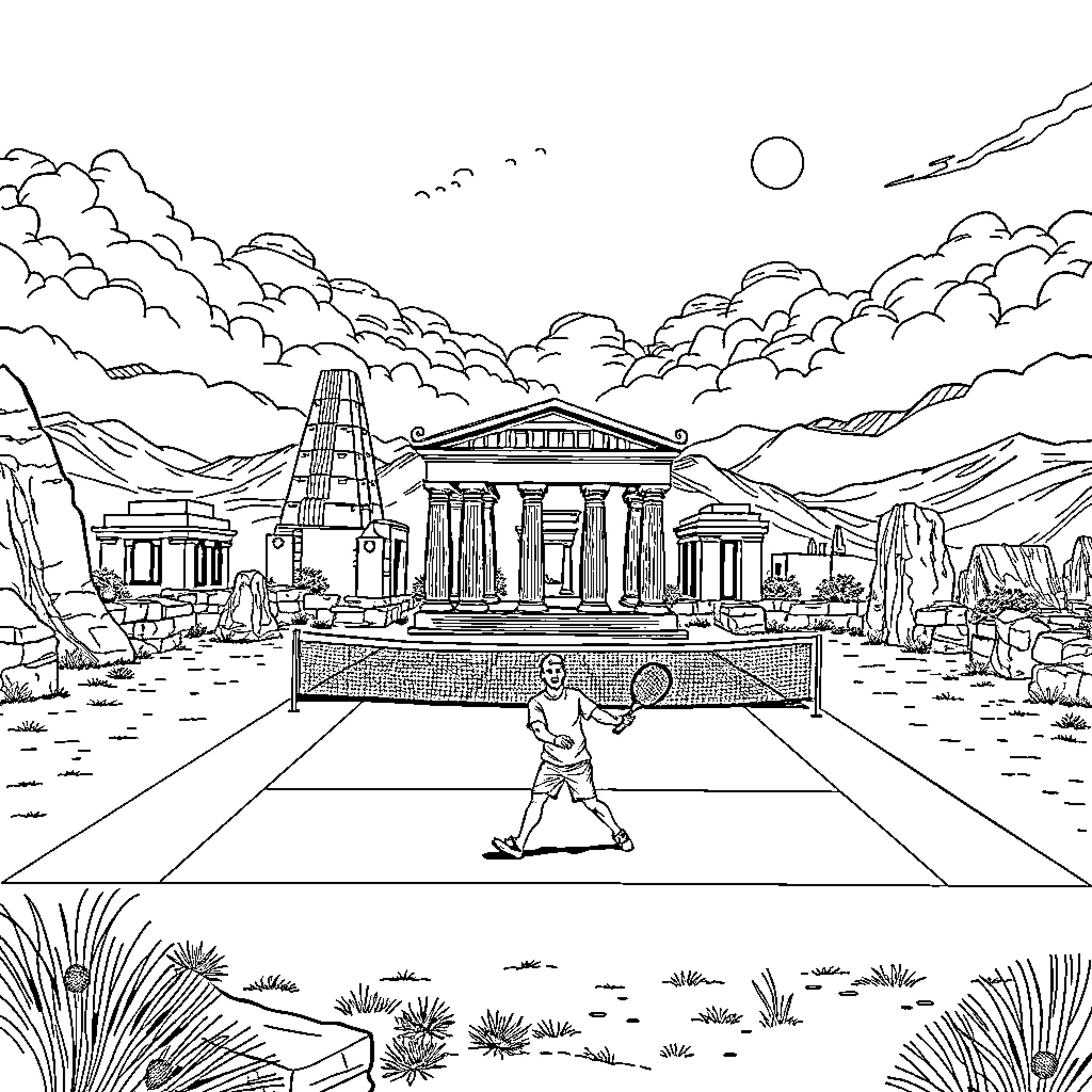 Man running across ancient Greek ruins Coloring Page (free black-and-white line drawing printable PDF for all, from beginners to advanced learners, including children, teens, adults, and seniors)