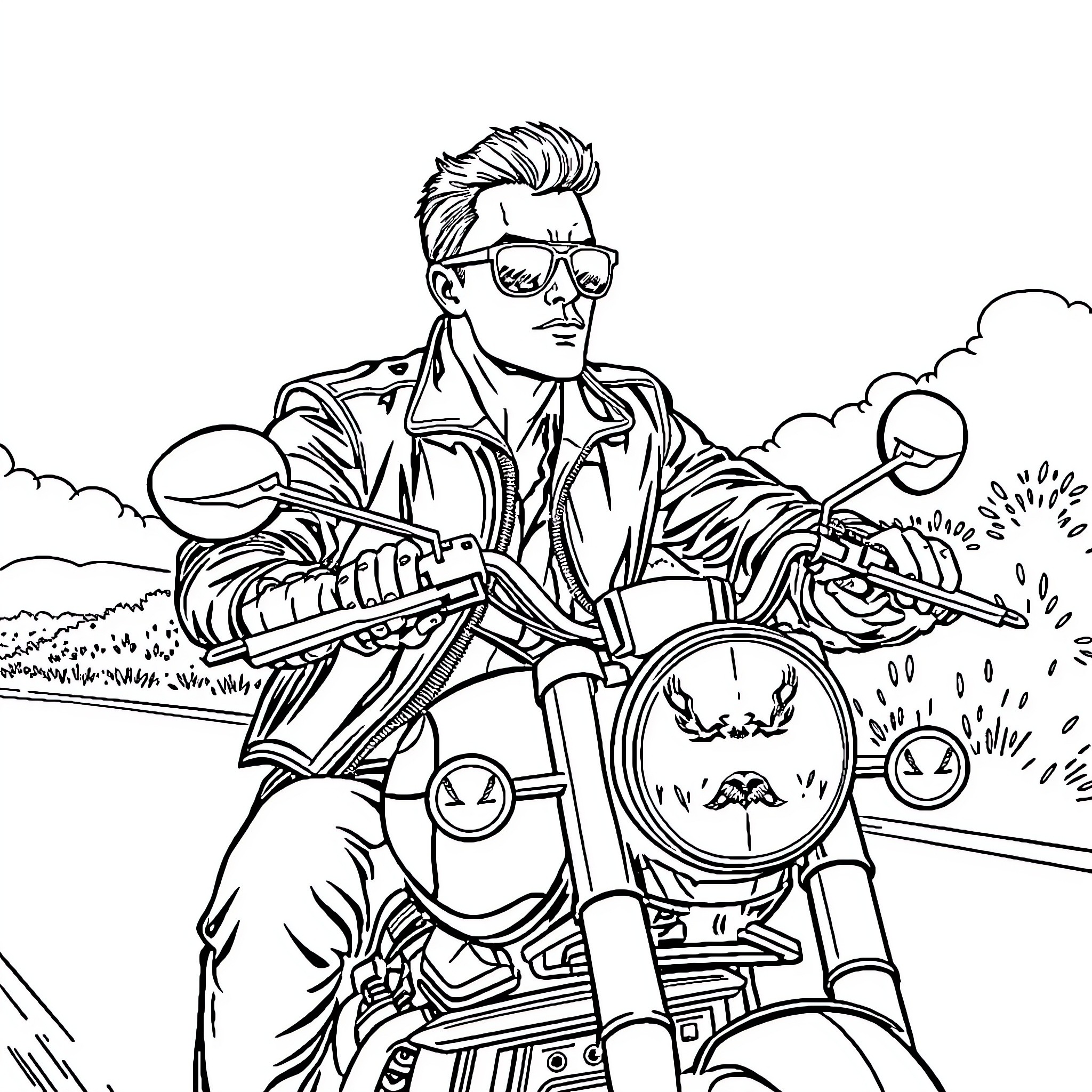 Motorcyclist enjoying a thrilling ride on the open road Coloring Page (free black-and-white line drawing printable PDF for all, from beginners to advanced learners, including children, teens, adults, and seniors)