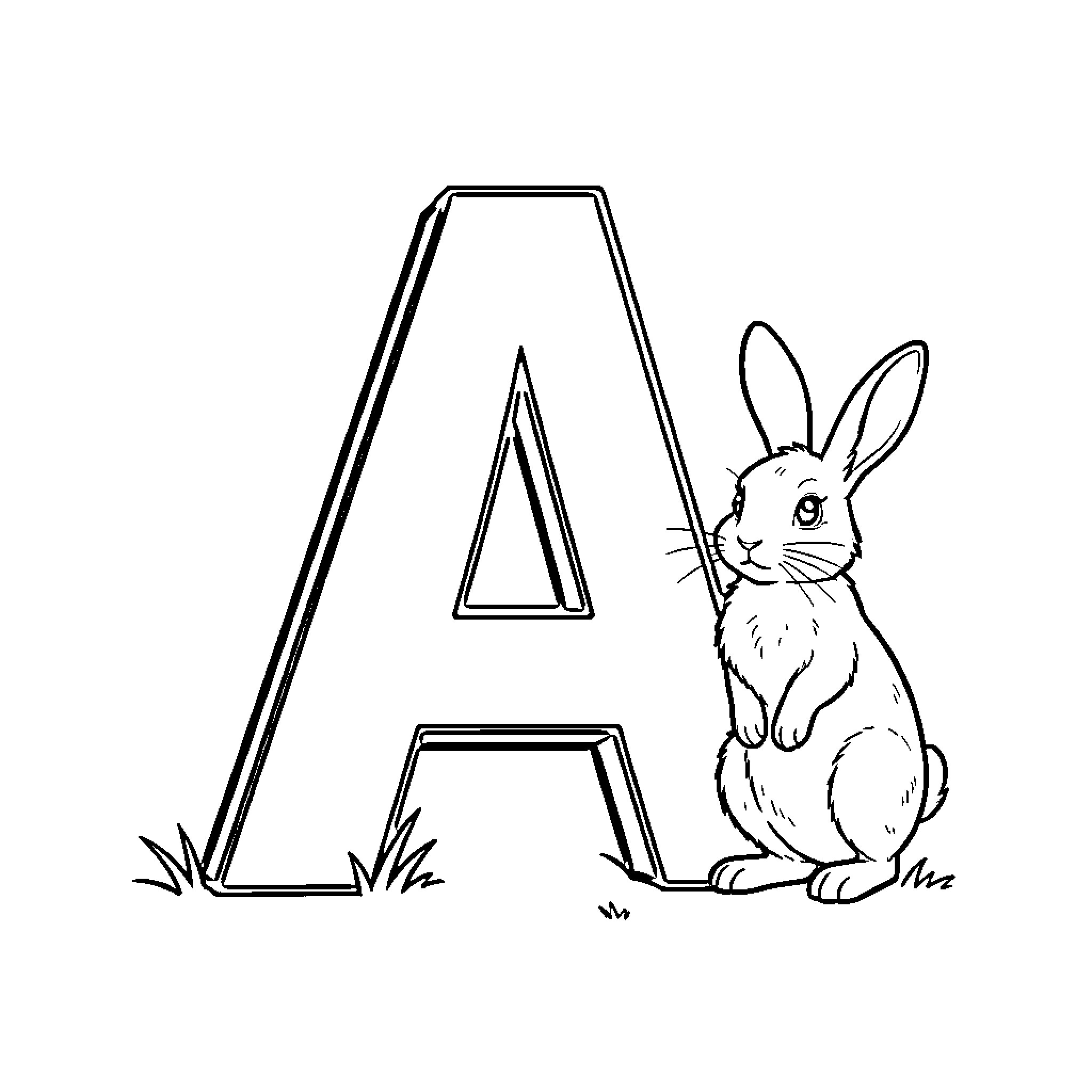 Rabbit sitting beside a large capital letter A Coloring Page (free black-and-white line drawing printable PDF for all, from beginners to advanced learners, including children, teens, adults, and seniors)