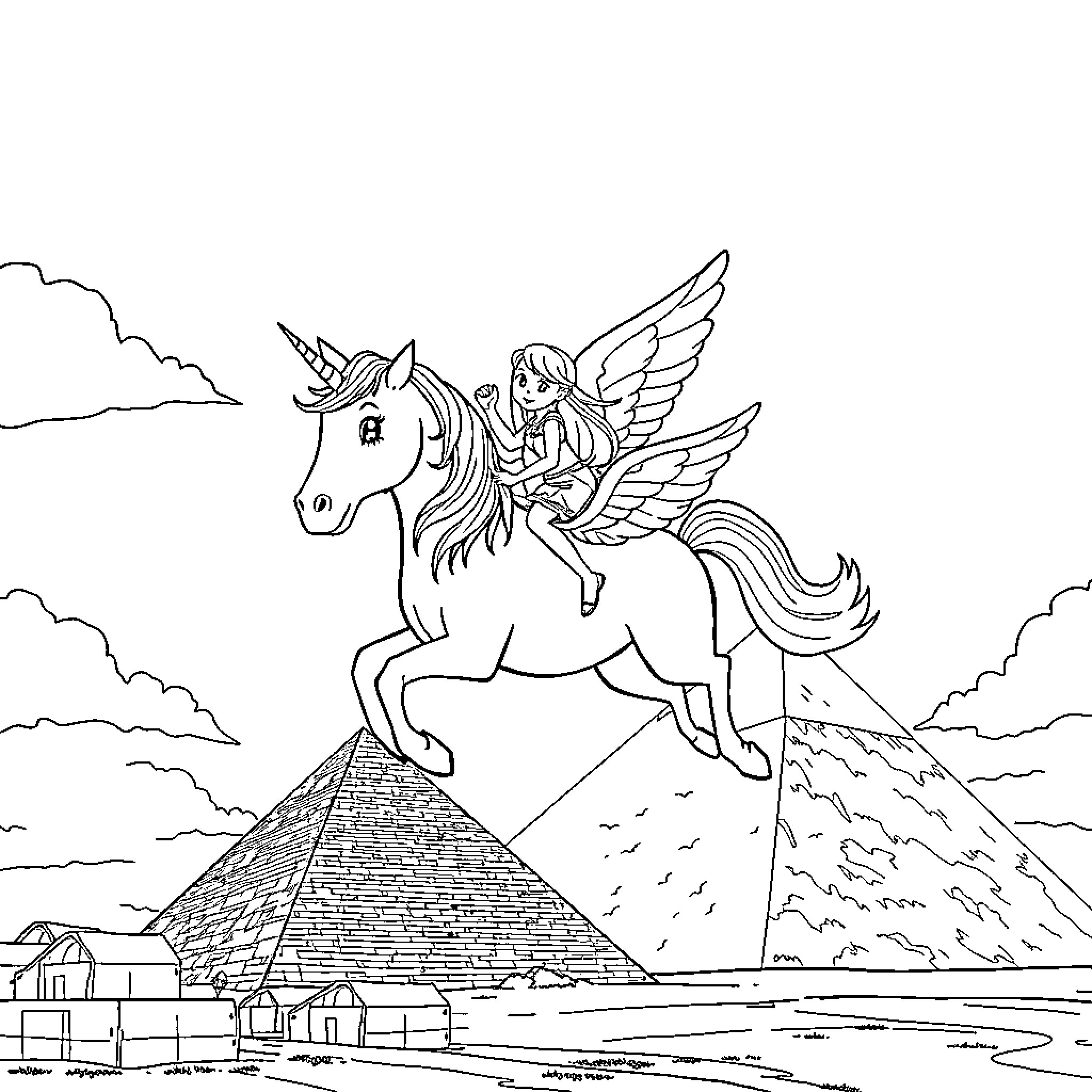 Unicorn flying over a pyramidal landscape Coloring Page (free black-and-white line drawing printable PDF for all, from beginners to advanced learners, including children, teens, adults, and seniors)