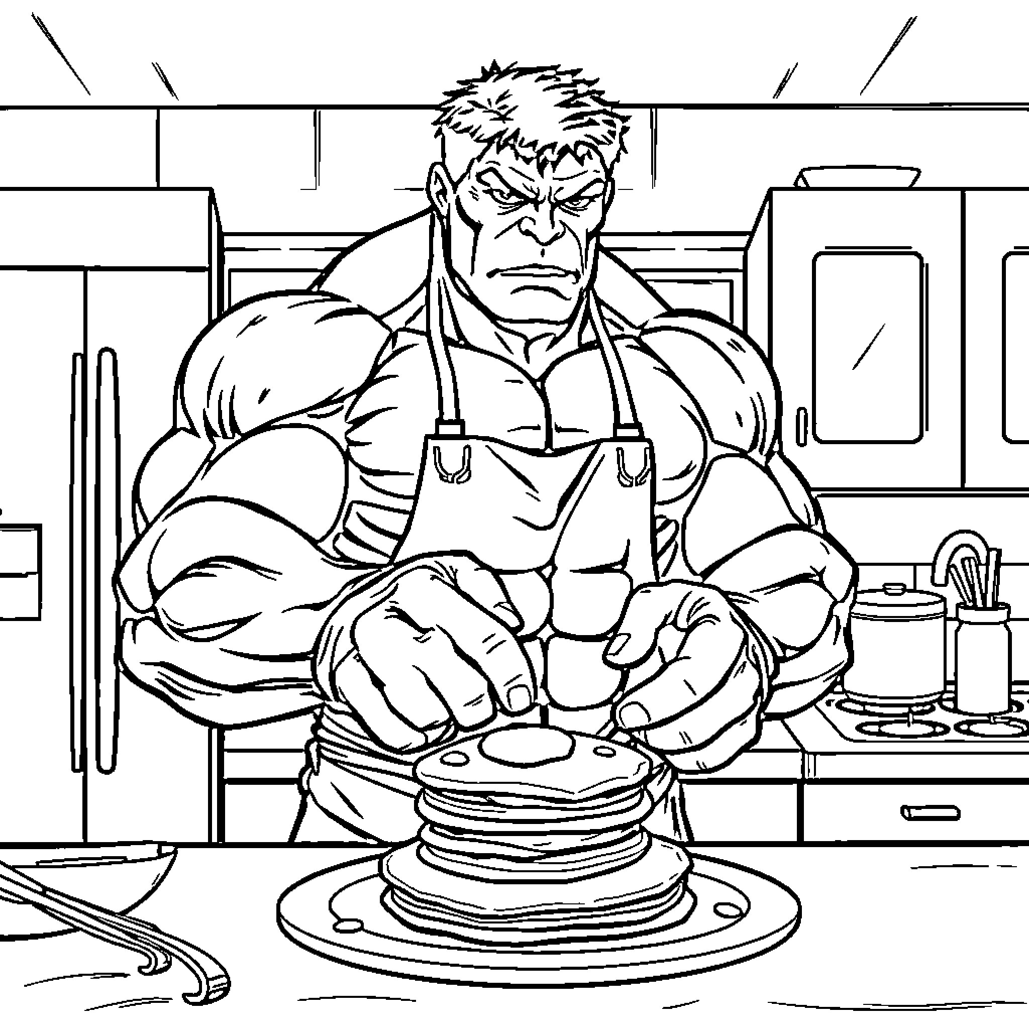 Hulk Cooking Up a Meal in the Kitchen Coloring Page (free black-and-white line drawing printable PDF for all, from beginners to advanced learners, including children, teens, adults, and seniors)